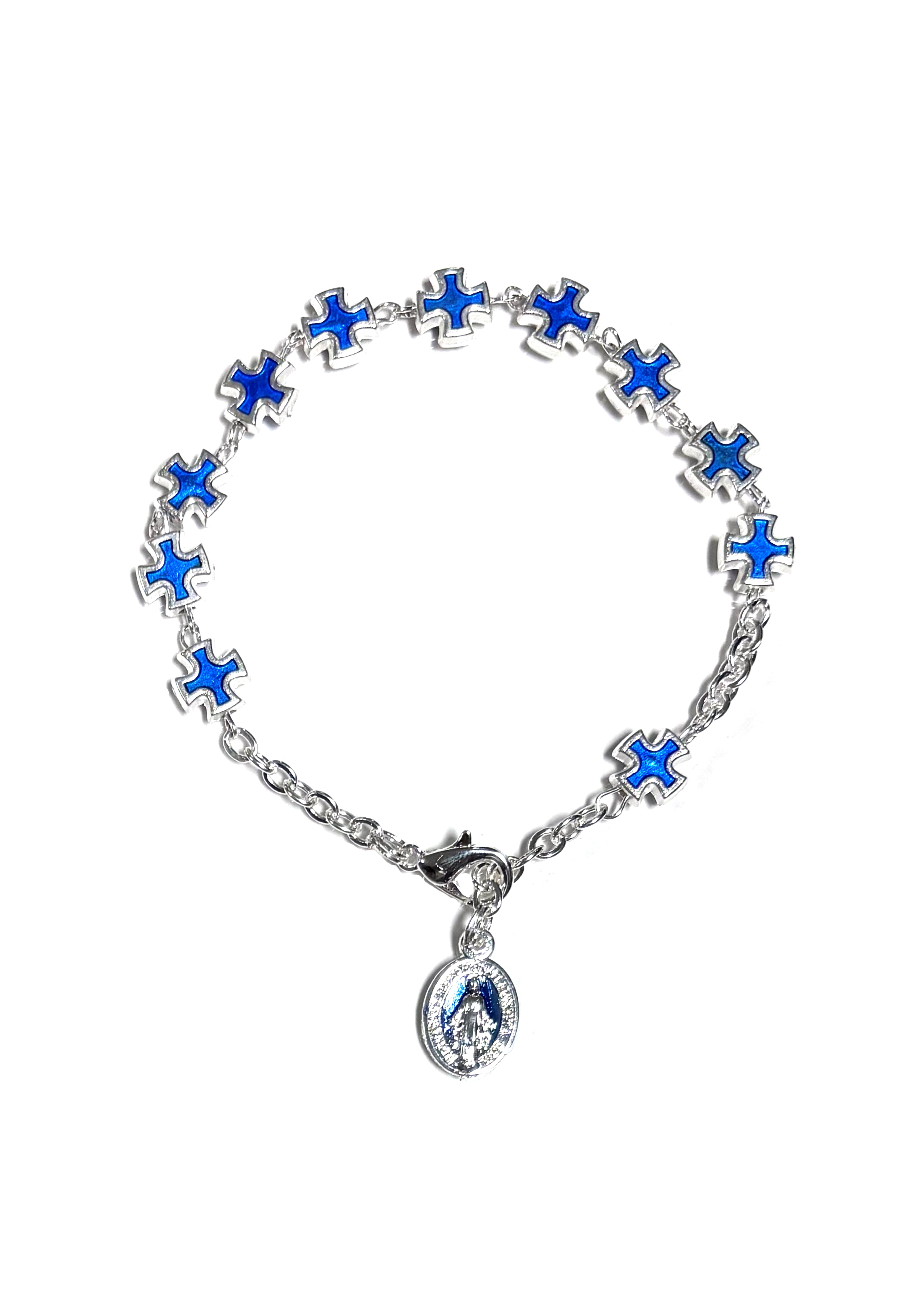 Pulsera con cruz bañada en plata y esmalte azul y medalla milagrosa