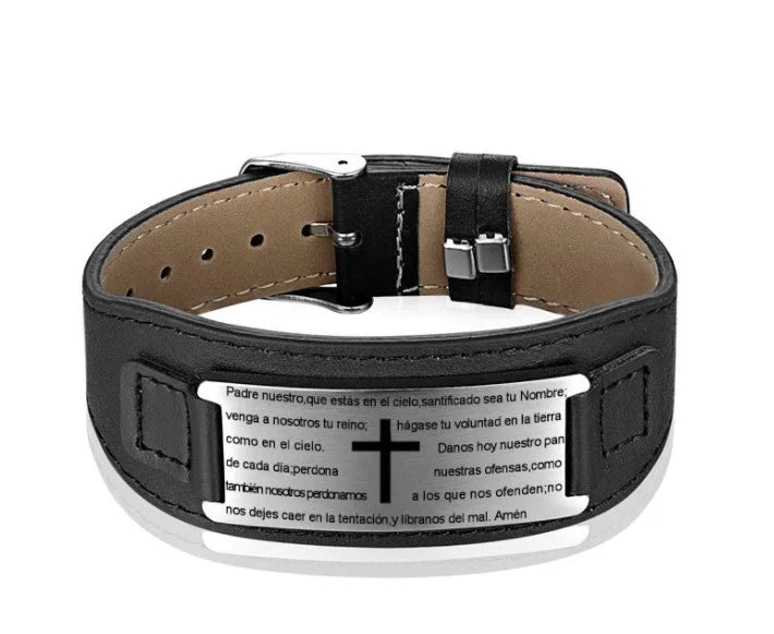 Pulsera Hombre Cuero-Acero Inoxidable Padre Nuestro Padre Nuestro (Oración en Español)