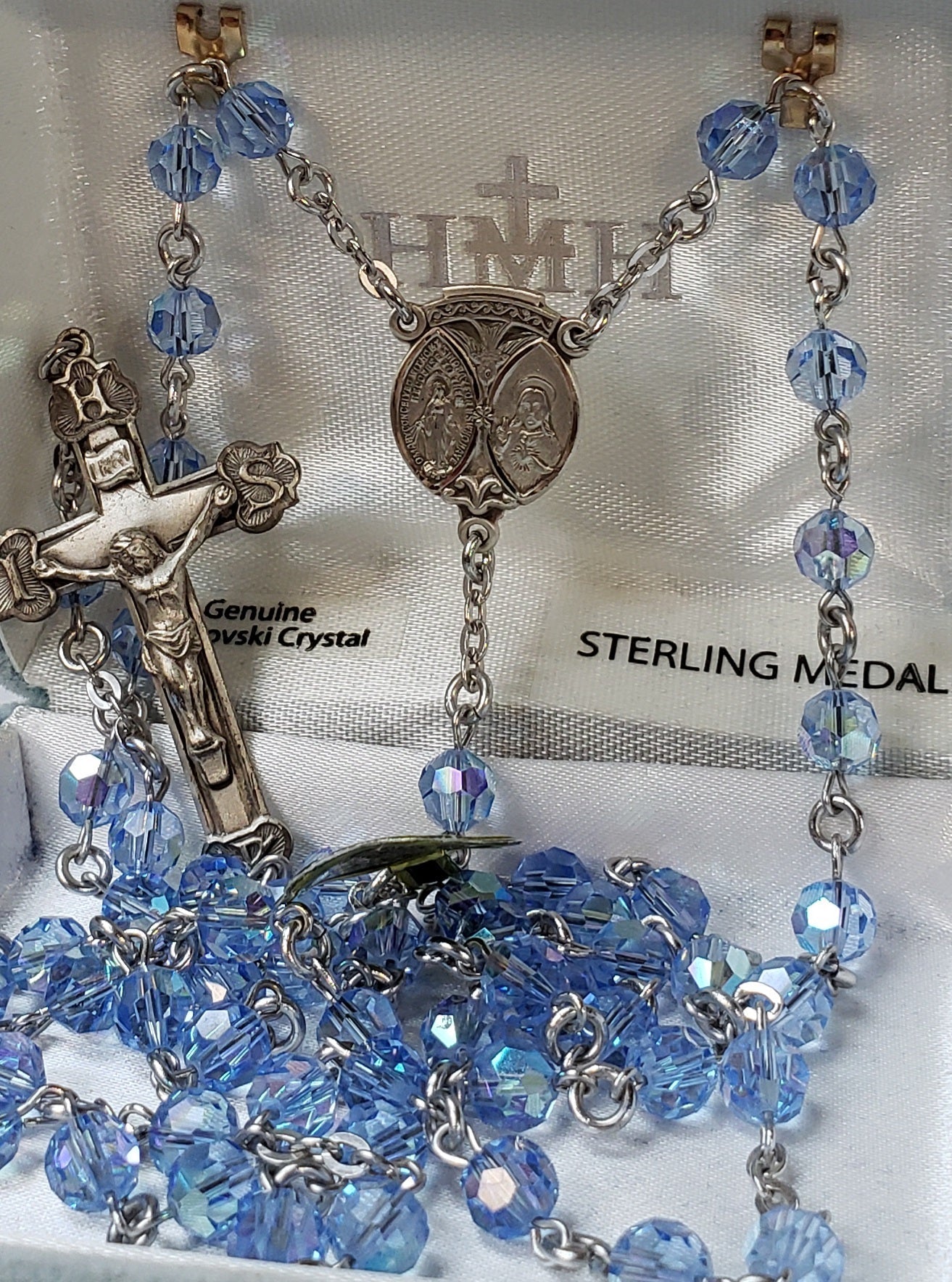 Rosario de cristal de zafiro claro Swarovski de 6 mm con centro y centro de plata esterlina