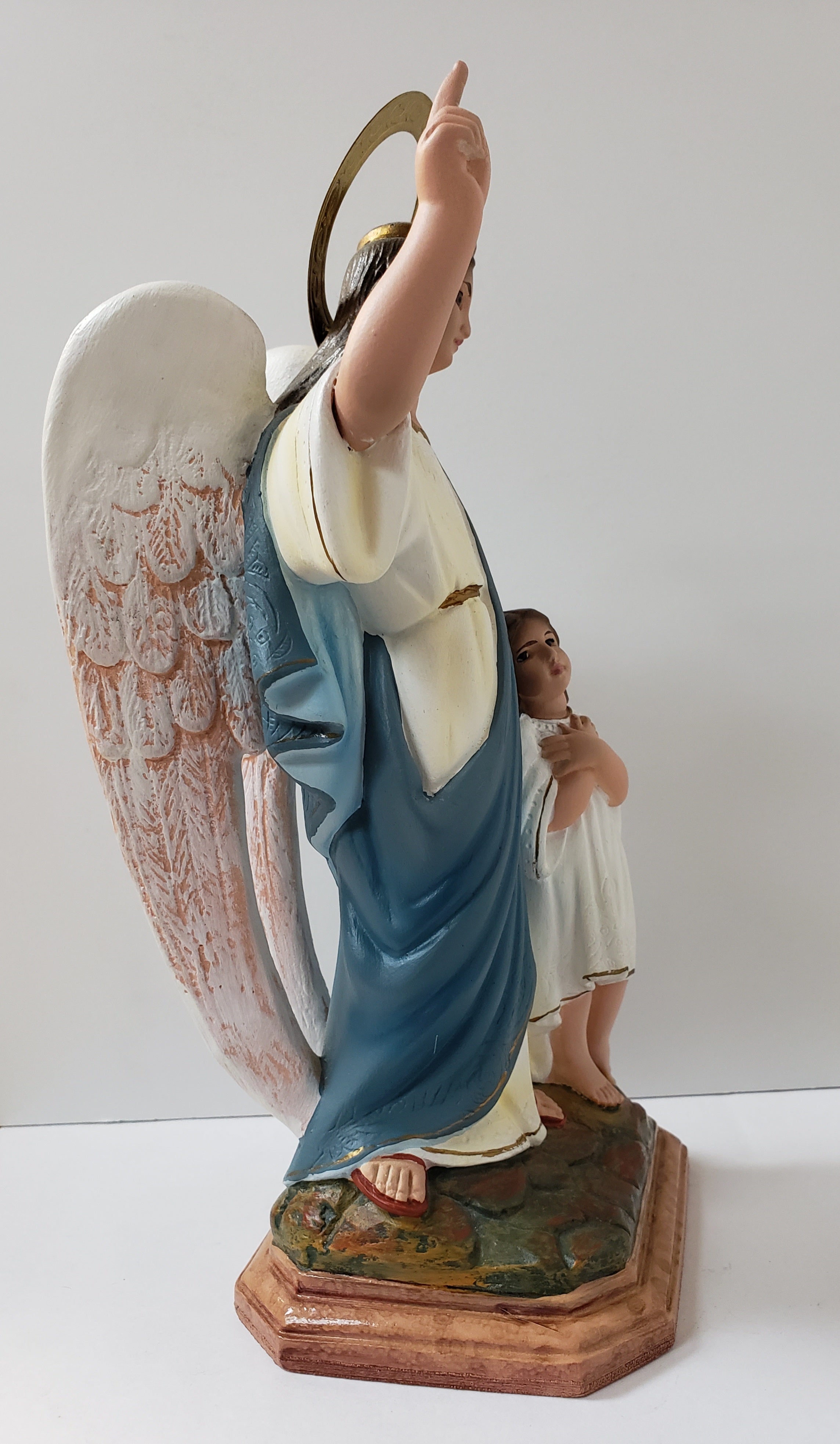 Estatua antigua de 10" de ángel guardián con niño/arte religioso español/ojos de cristal