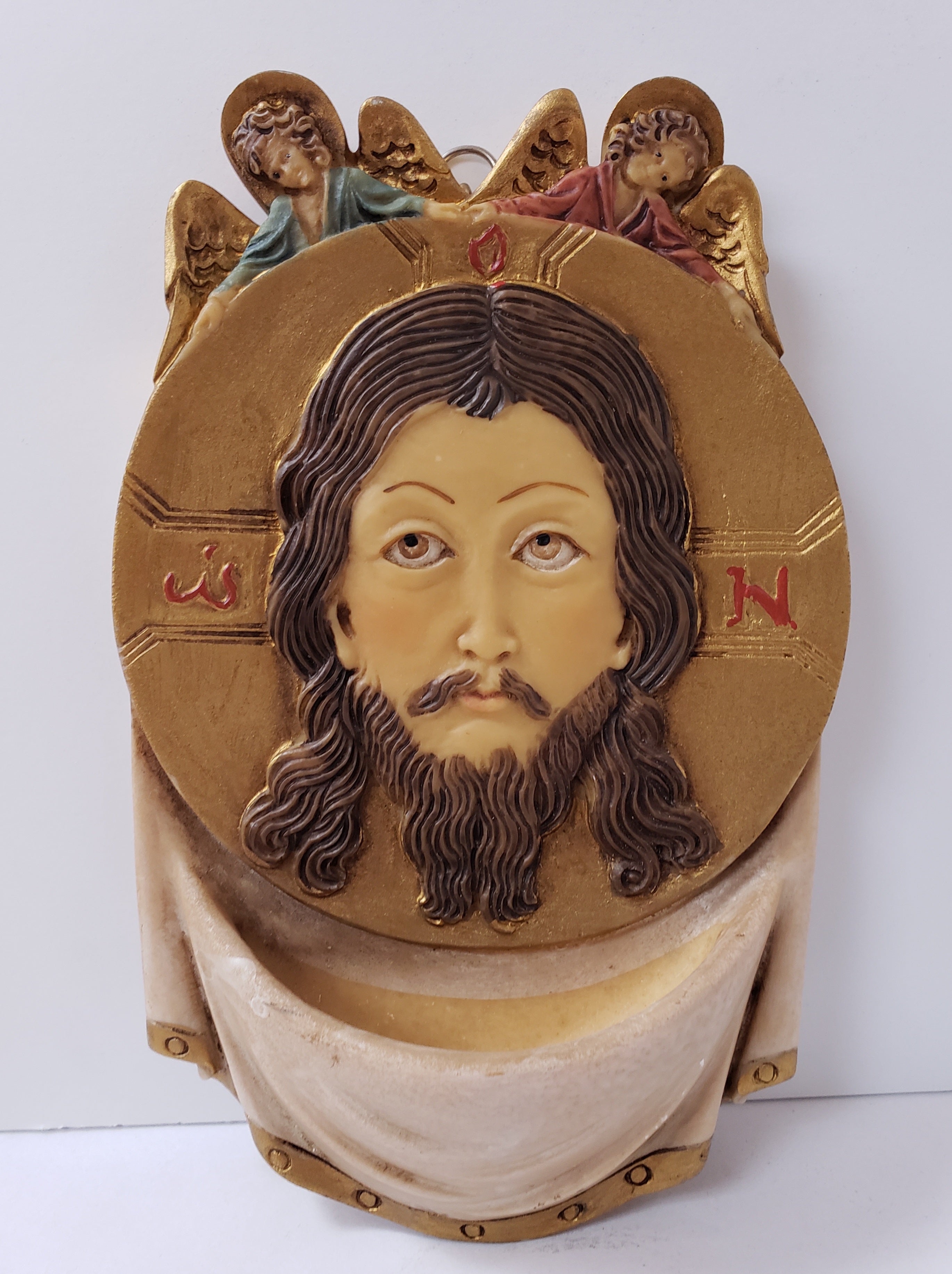 Pila de agua bendita Jesús religioso católico colgante de pared hecho en Italia pintado a mano