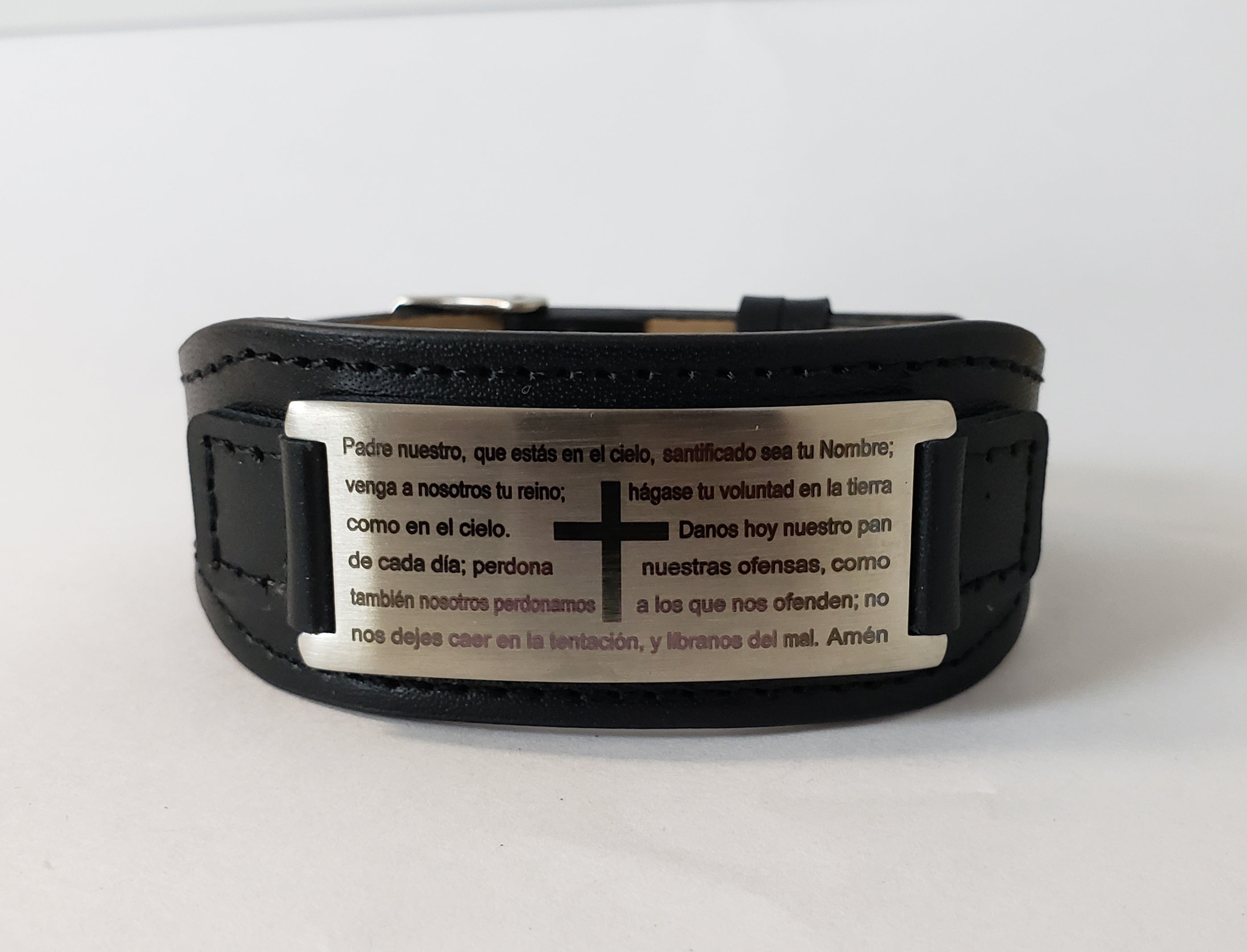 Pulsera Hombre Cuero-Acero Inoxidable Padre Nuestro Padre Nuestro (Oración en Español)