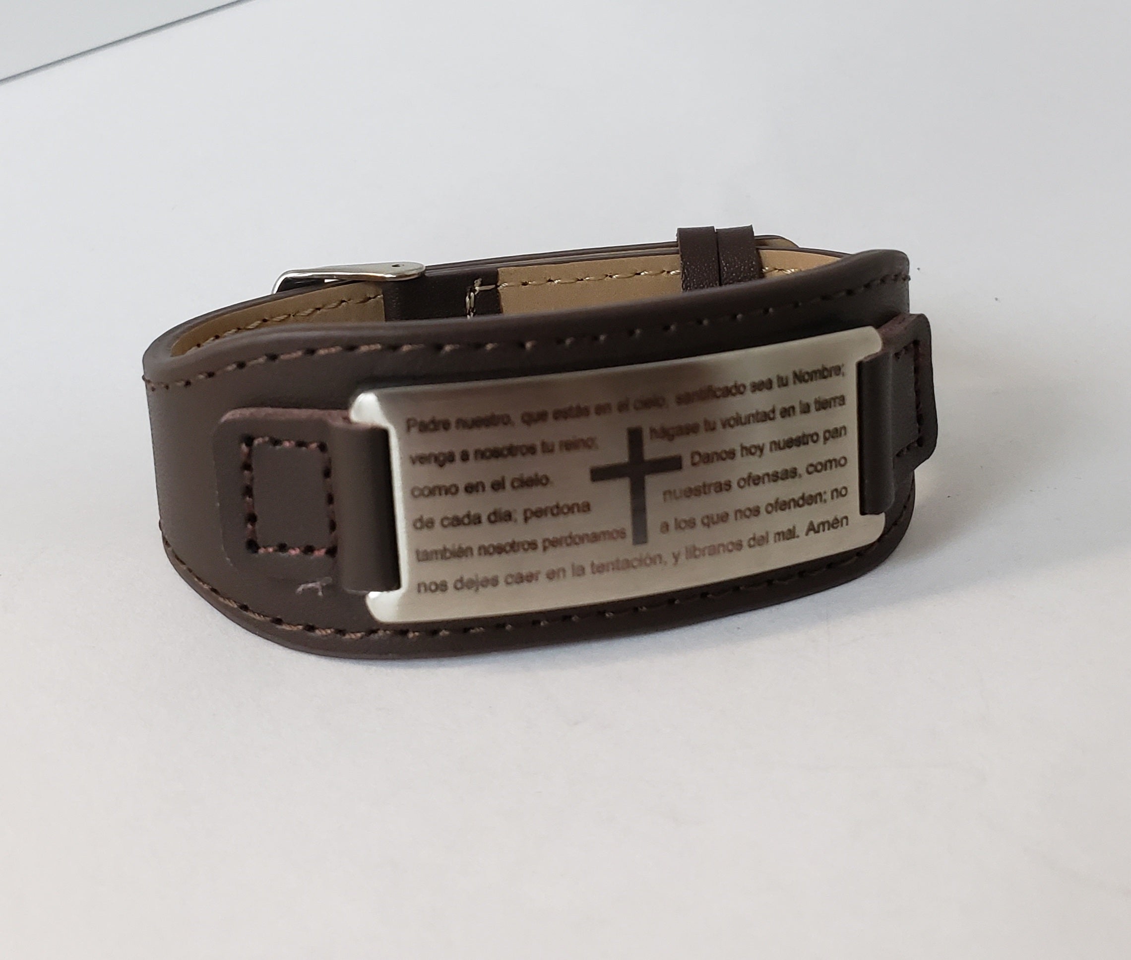Pulsera Hombre Cuero-Acero Inoxidable Padre Nuestro Padre Nuestro (Oración en Español)