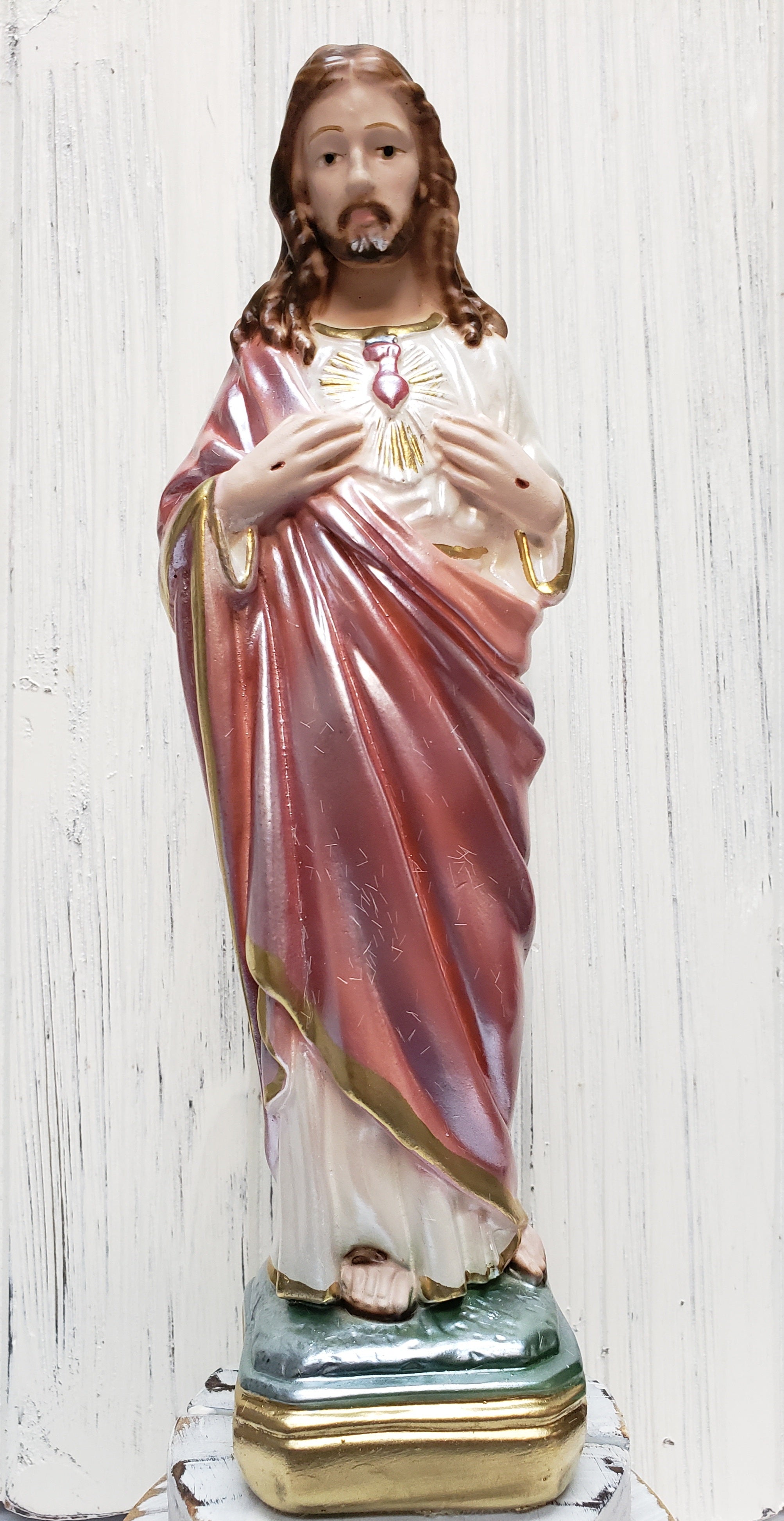 Estatua del Sagrado Corazón de Jesús en Perla - Pintada a Mano en Italia - Nuestra Colección Toscana