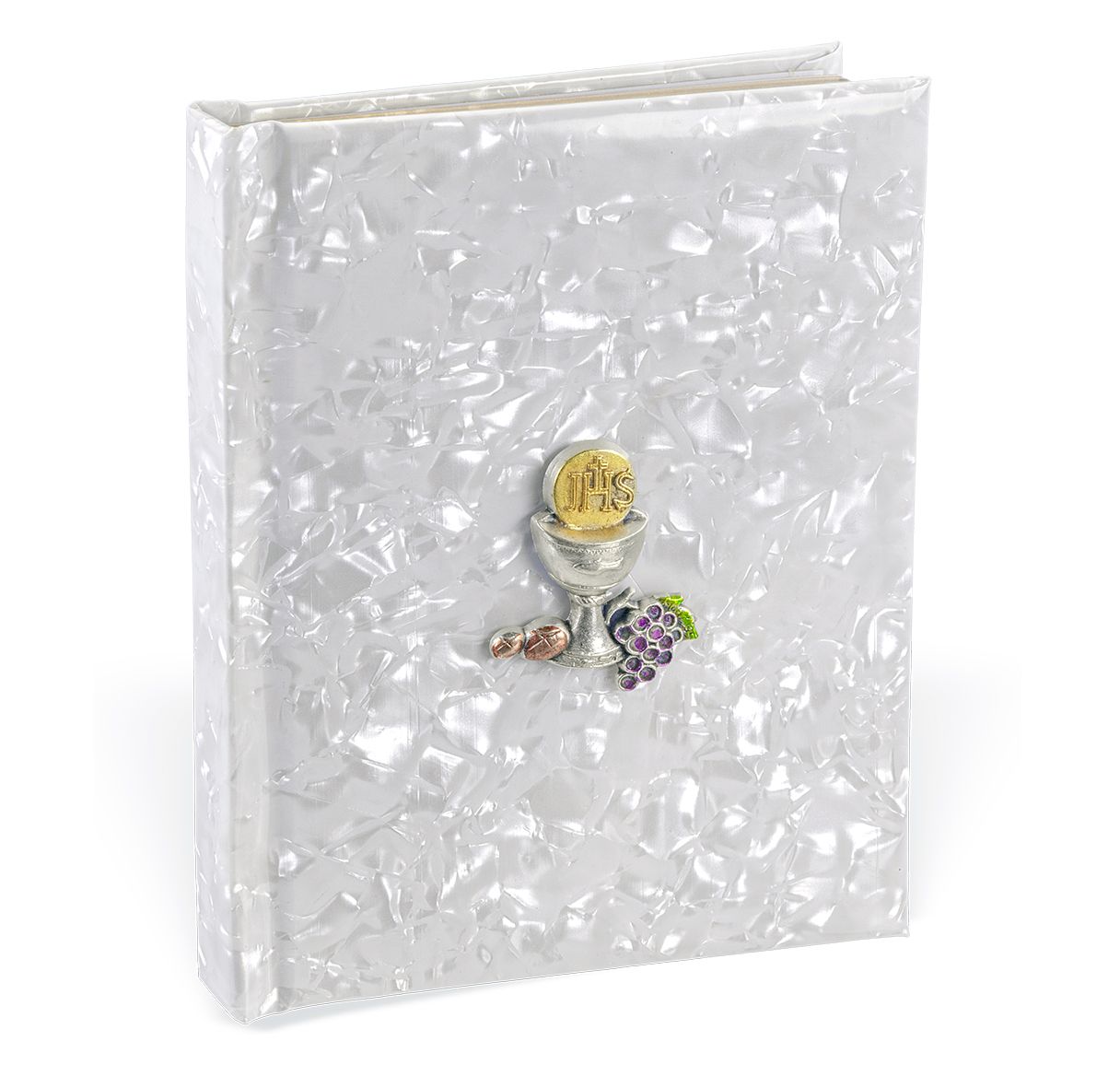Libro de Comunión perlado blanco del Niño de Dios con Medalla Cahalice en la portada.