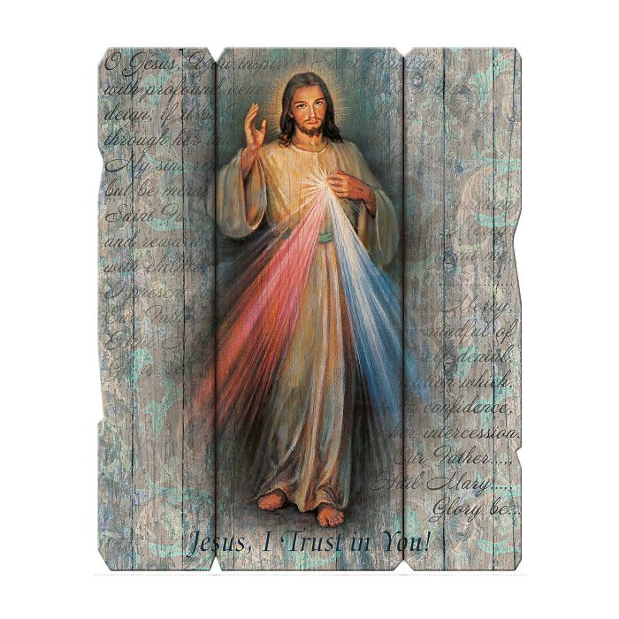 Placa de madera vintage grande con colgador de la Divina Misericordia 