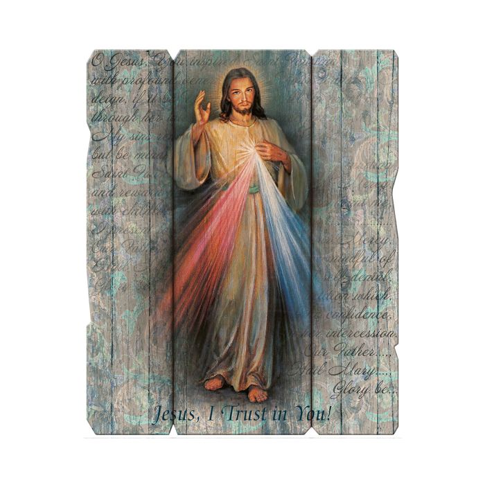 Placa de madera vintage grande con colgador de la Divina Misericordia 