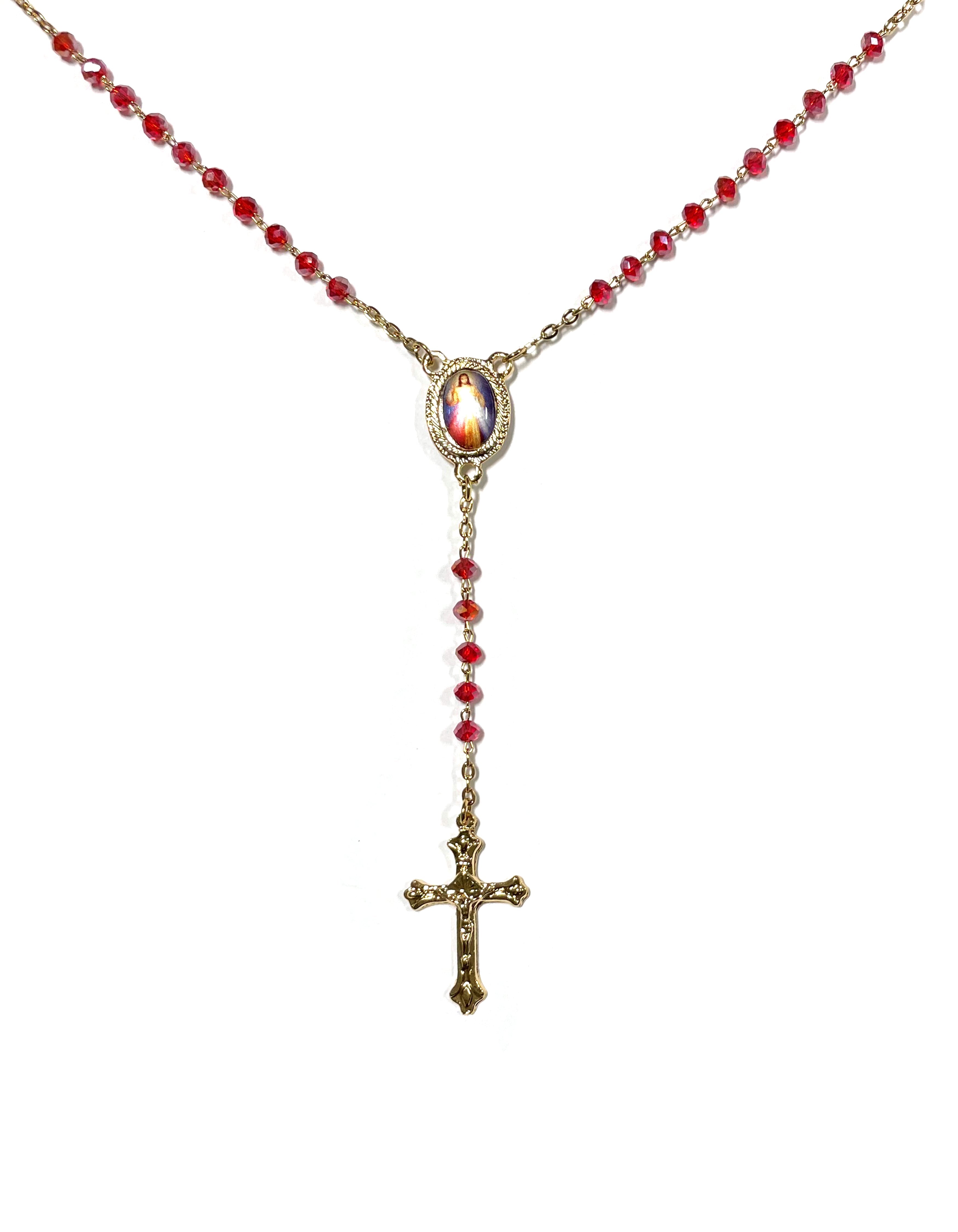 Rosario de la Divina Misericordia estilo cadena dorada y roja