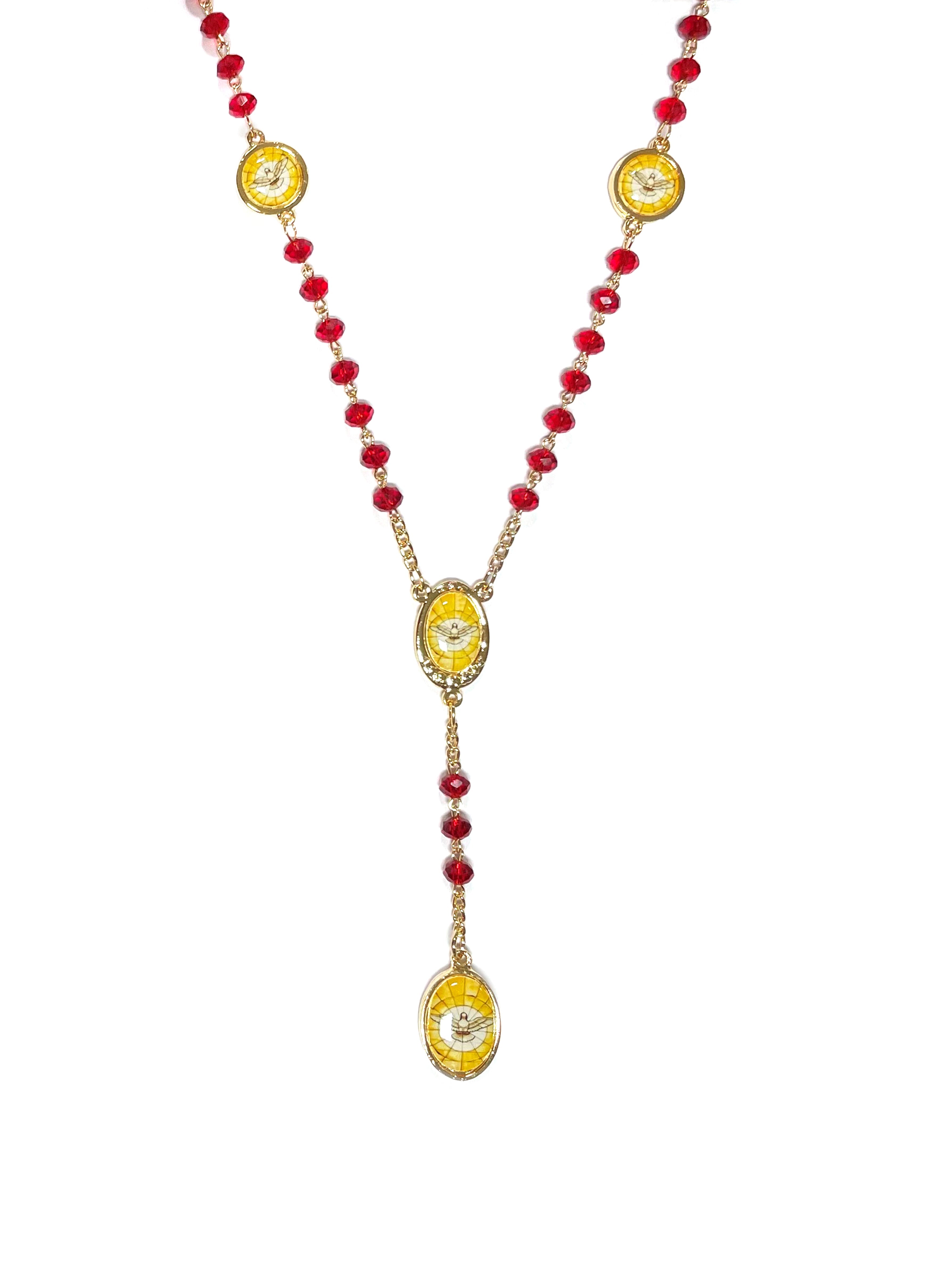 Holy spirit rosary with gold accent and red beads
