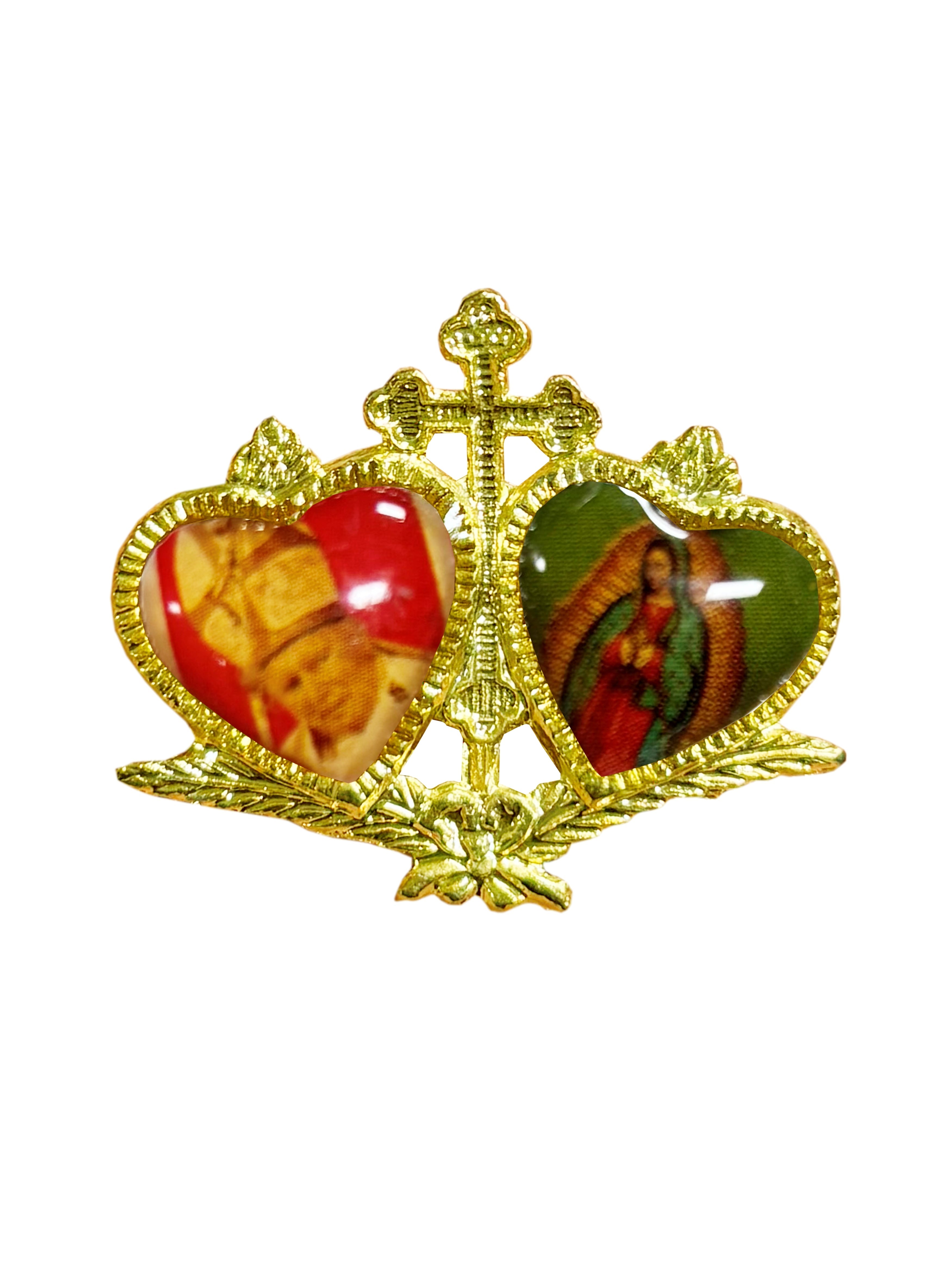 Pin de solapa católico dorado con dos corazones