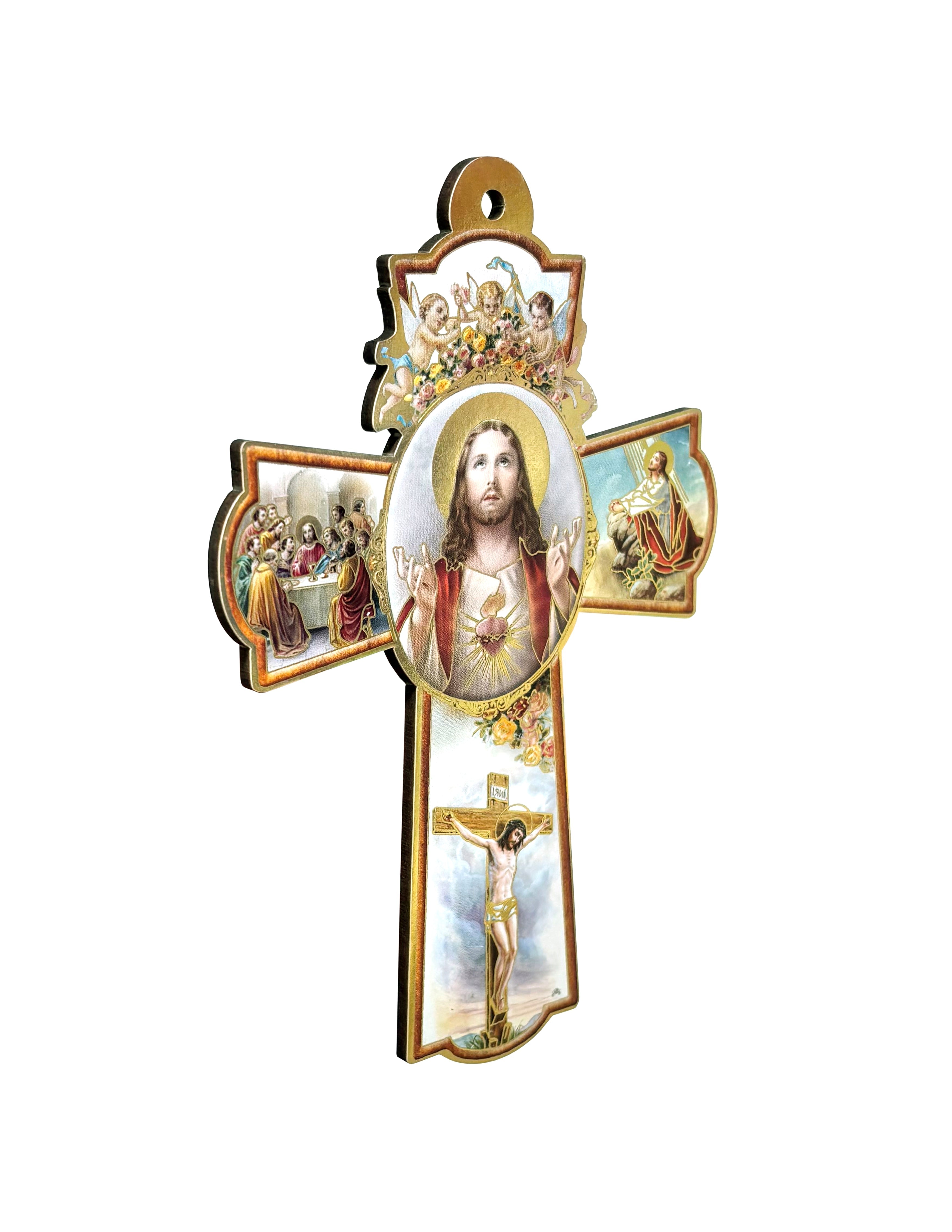 Wooden crucifixes with color images and golden details