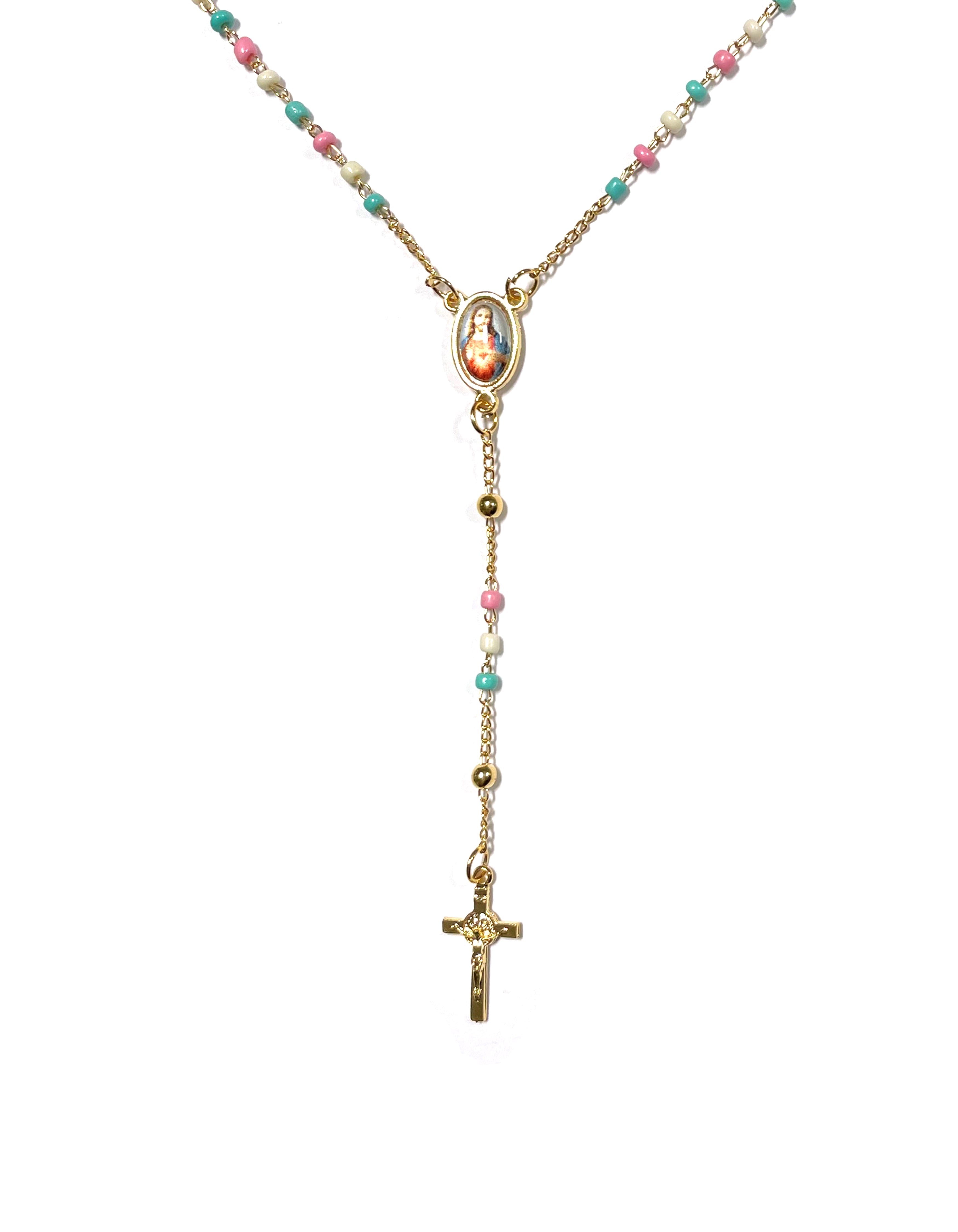 Golden rosary with chain-style colored beads