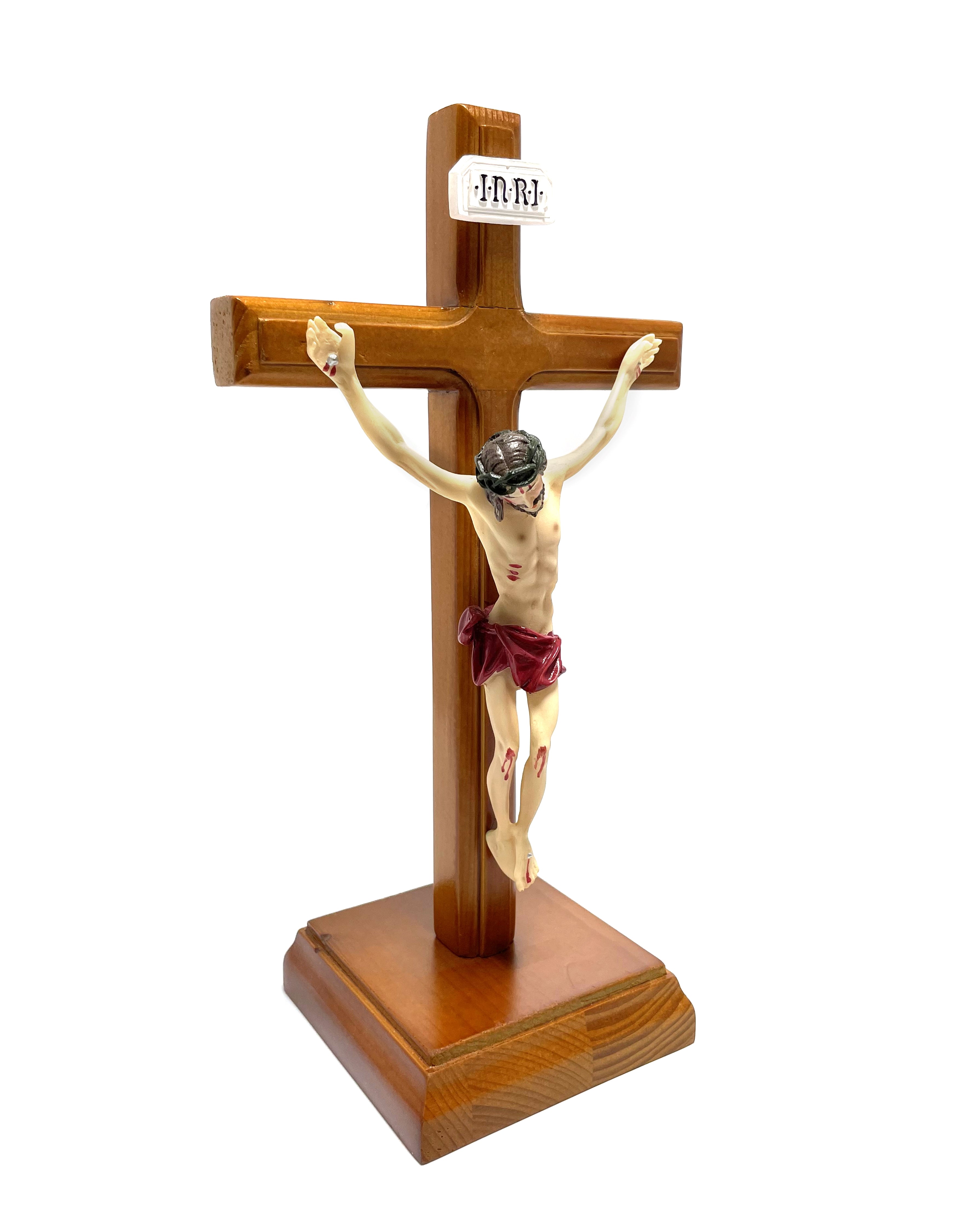 Wooden crucifix with square base and body made with resin
