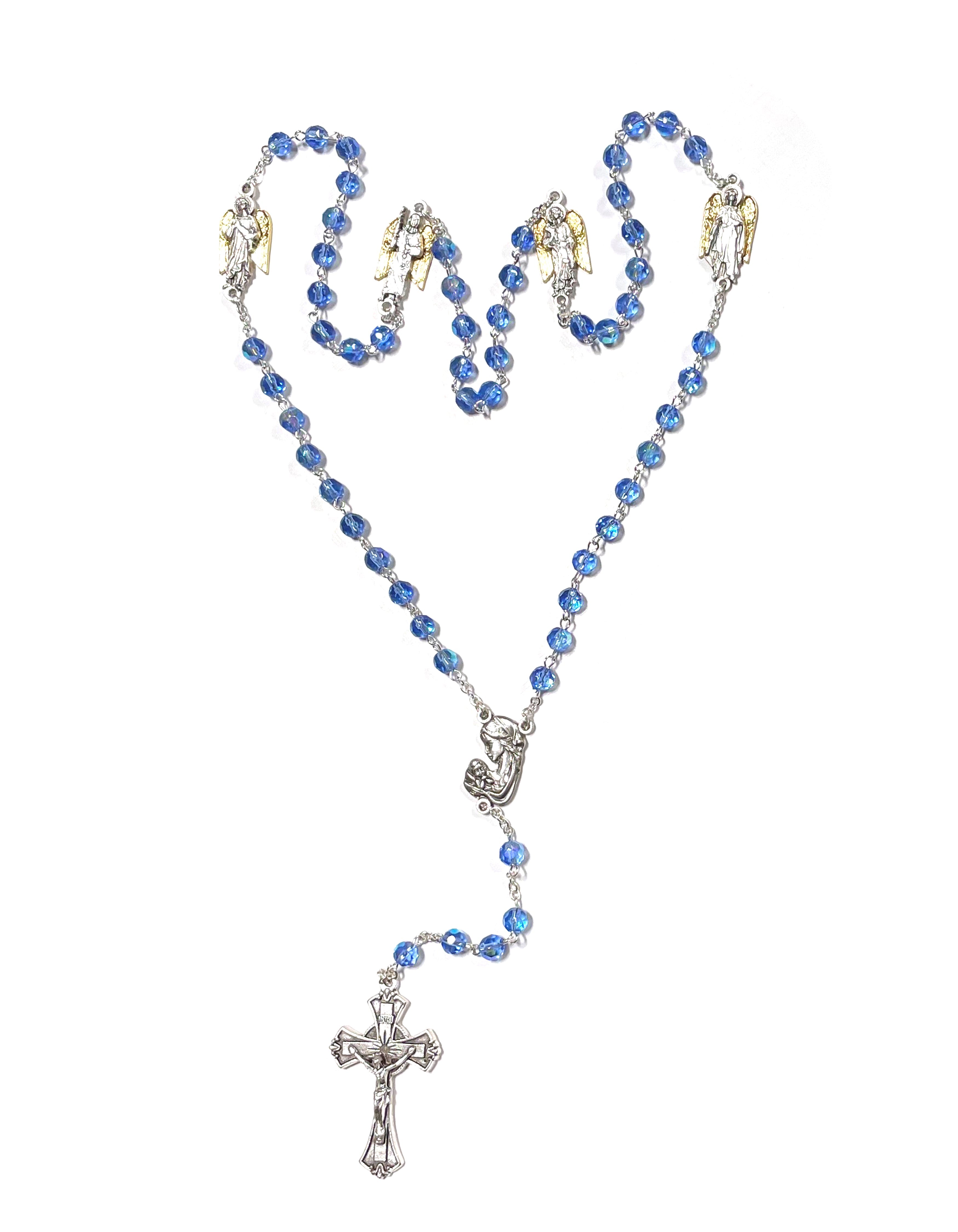 Rosario de cristal azul con medallas de los tres Arcángeles y el Ángel de la Guarda