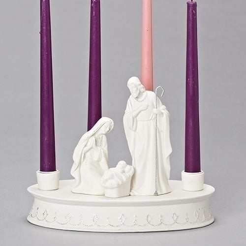 PORTAVELAS DE ADVIENTO BLANCO SAGRADA FAMILIA DE 7.5" DE ALTO; VELAS NO INCLUIDAS 