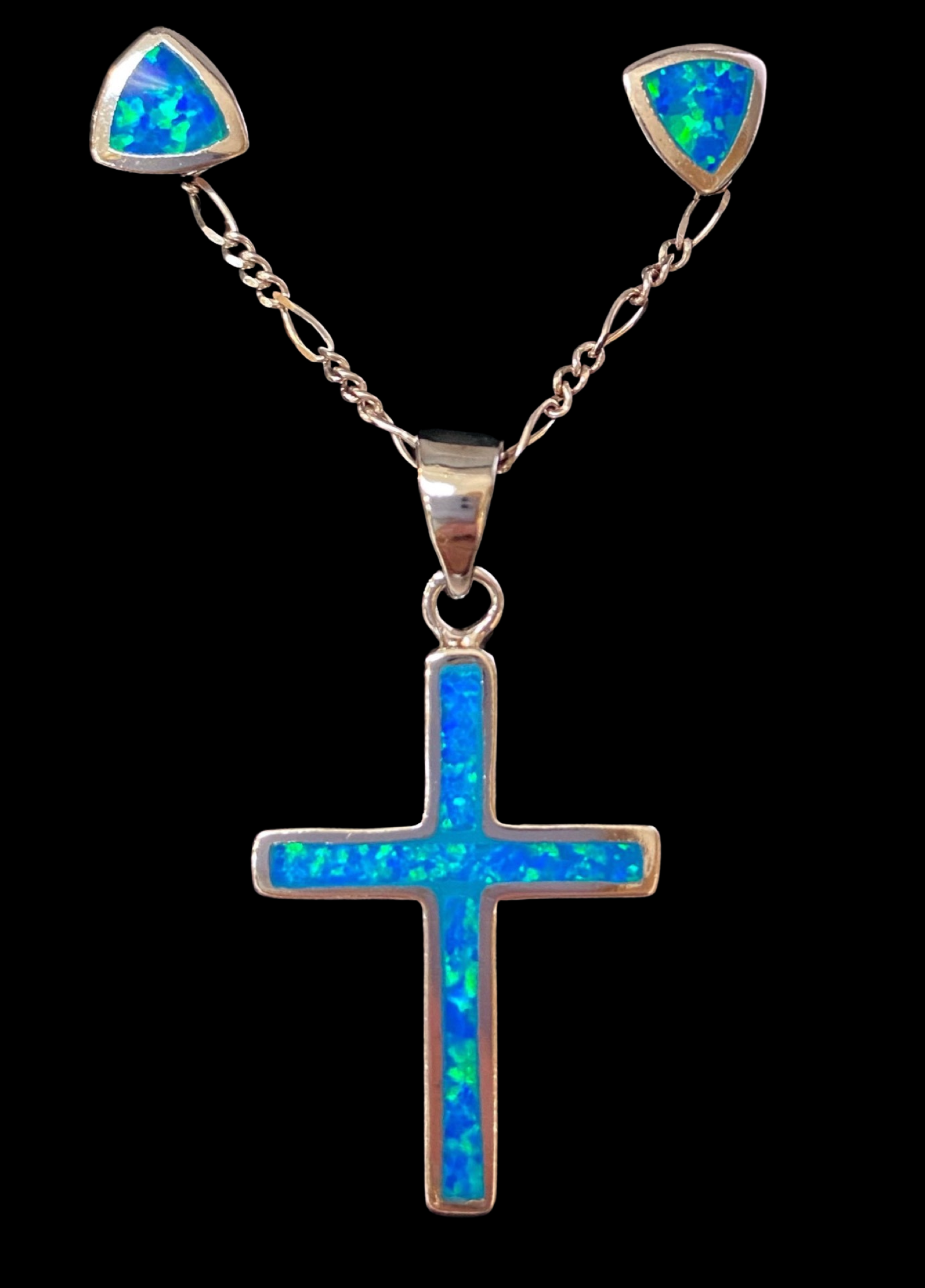 Cruz y Pendientes en Tono Turquesa Azul en Plata de Ley 925.
