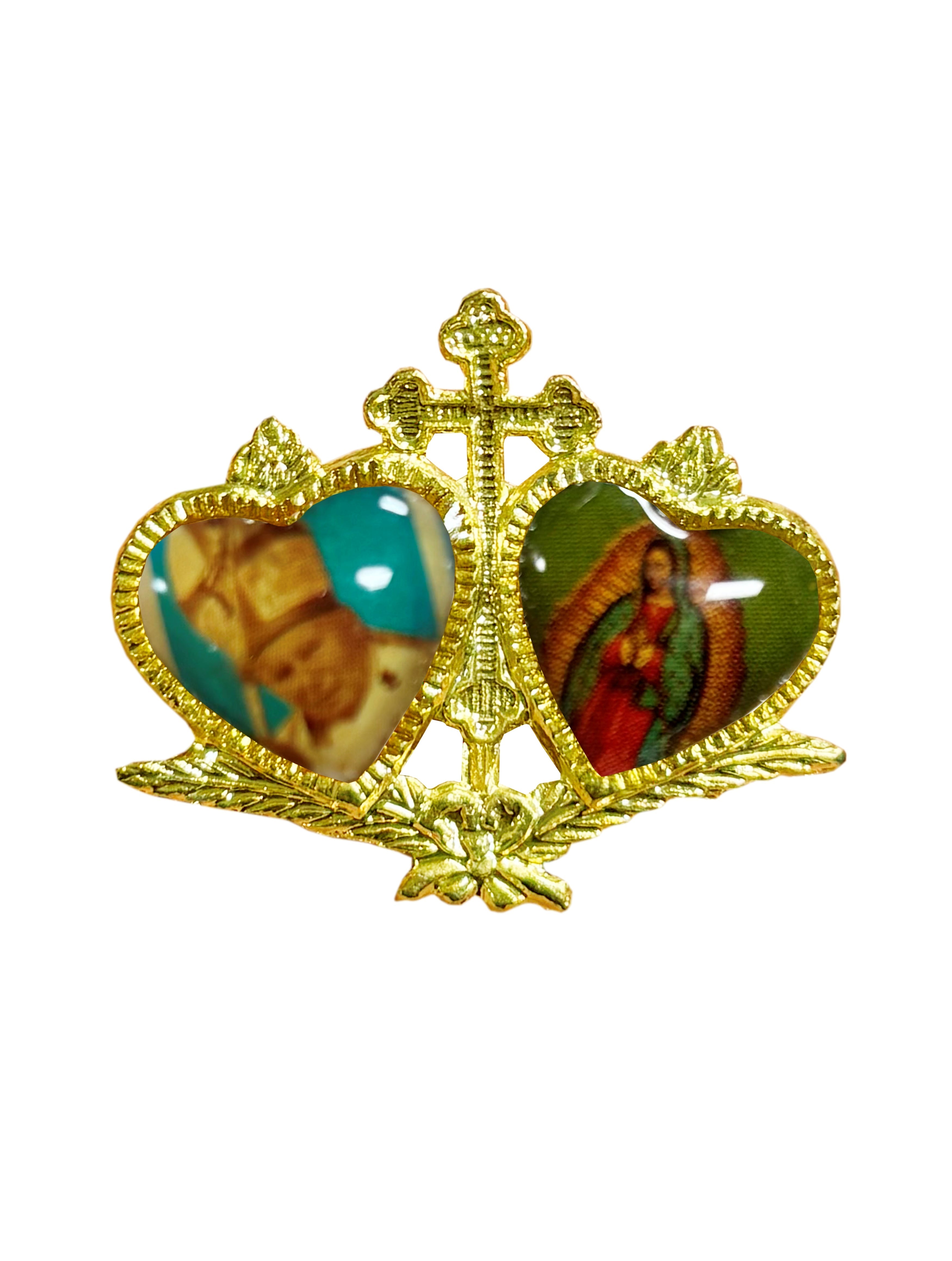 Pin de solapa católico dorado con dos corazones