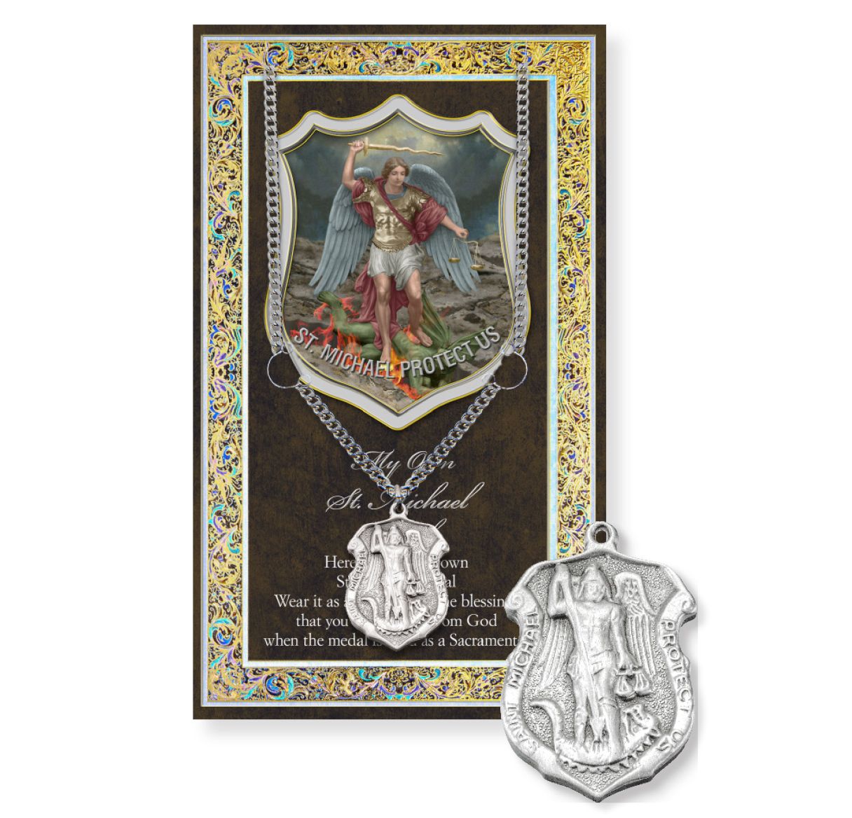Medalla de peltre auténtica con escudo de policía de San Miguel en cadena de 24" con biografía y carpeta con imágenes
