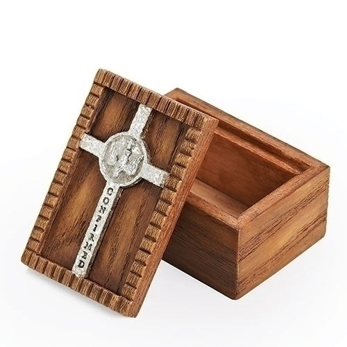 Caja de recuerdo de joyería de confirmación pequeña con acabado de madera de Confirmación Romana en Cristo 