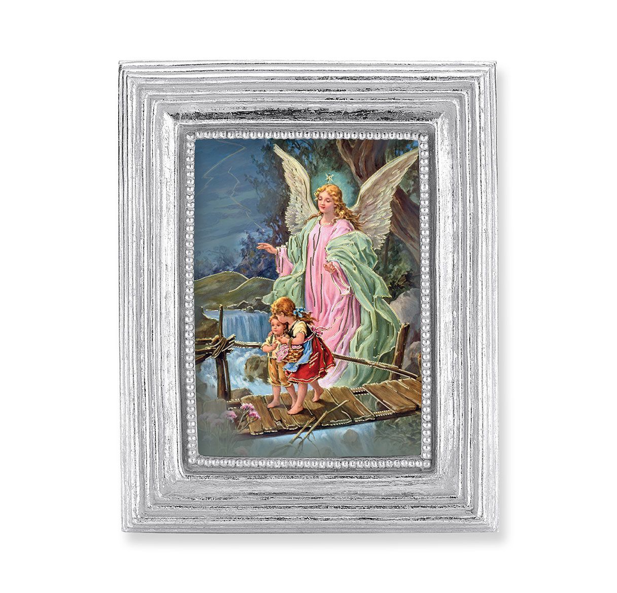 Marco plateado de 3 3/4" x 4 1/2" con una impresión de un ángel guardián 