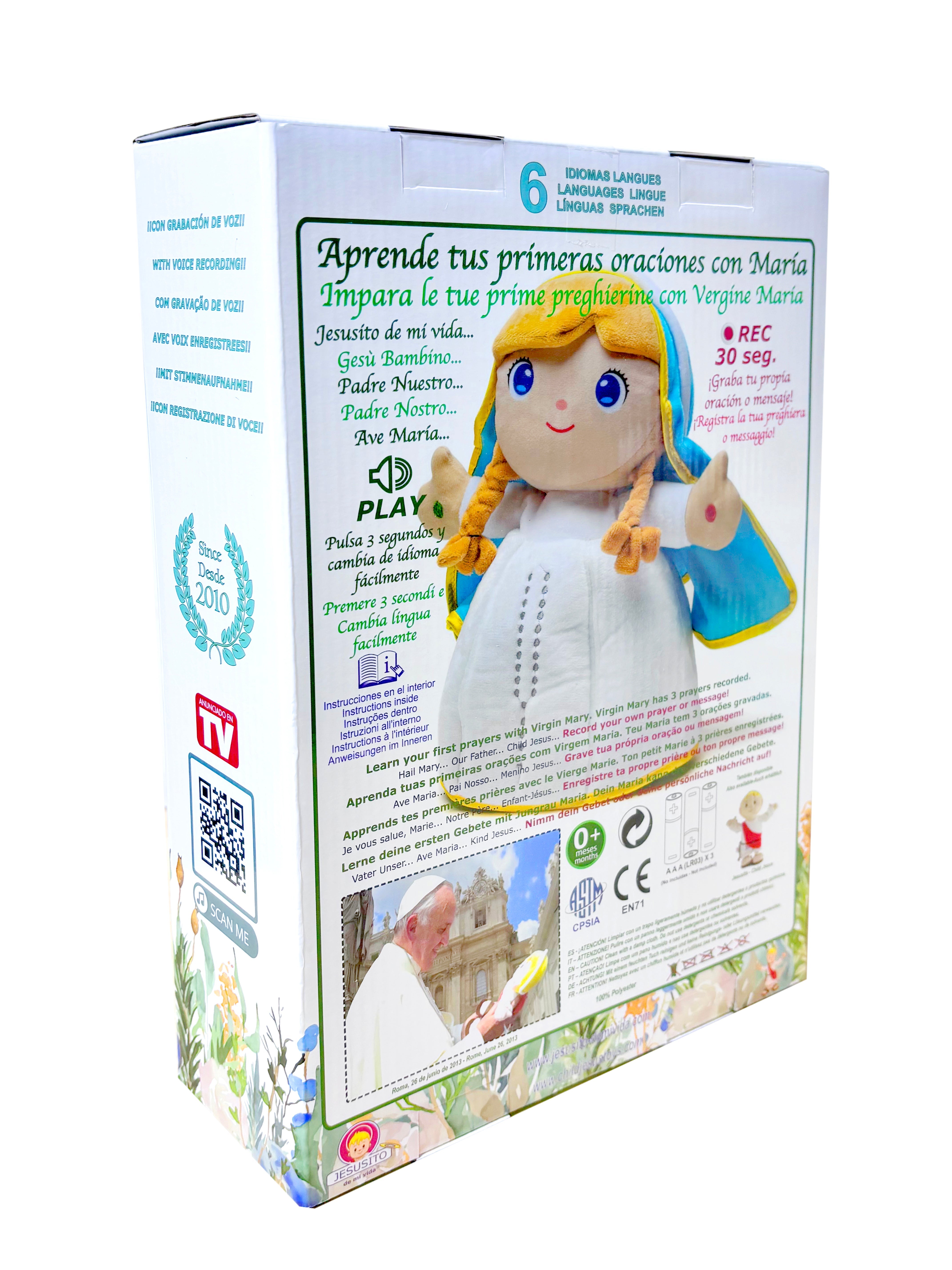 Peluche Virgen María 12" Oraciones 6 idiomas