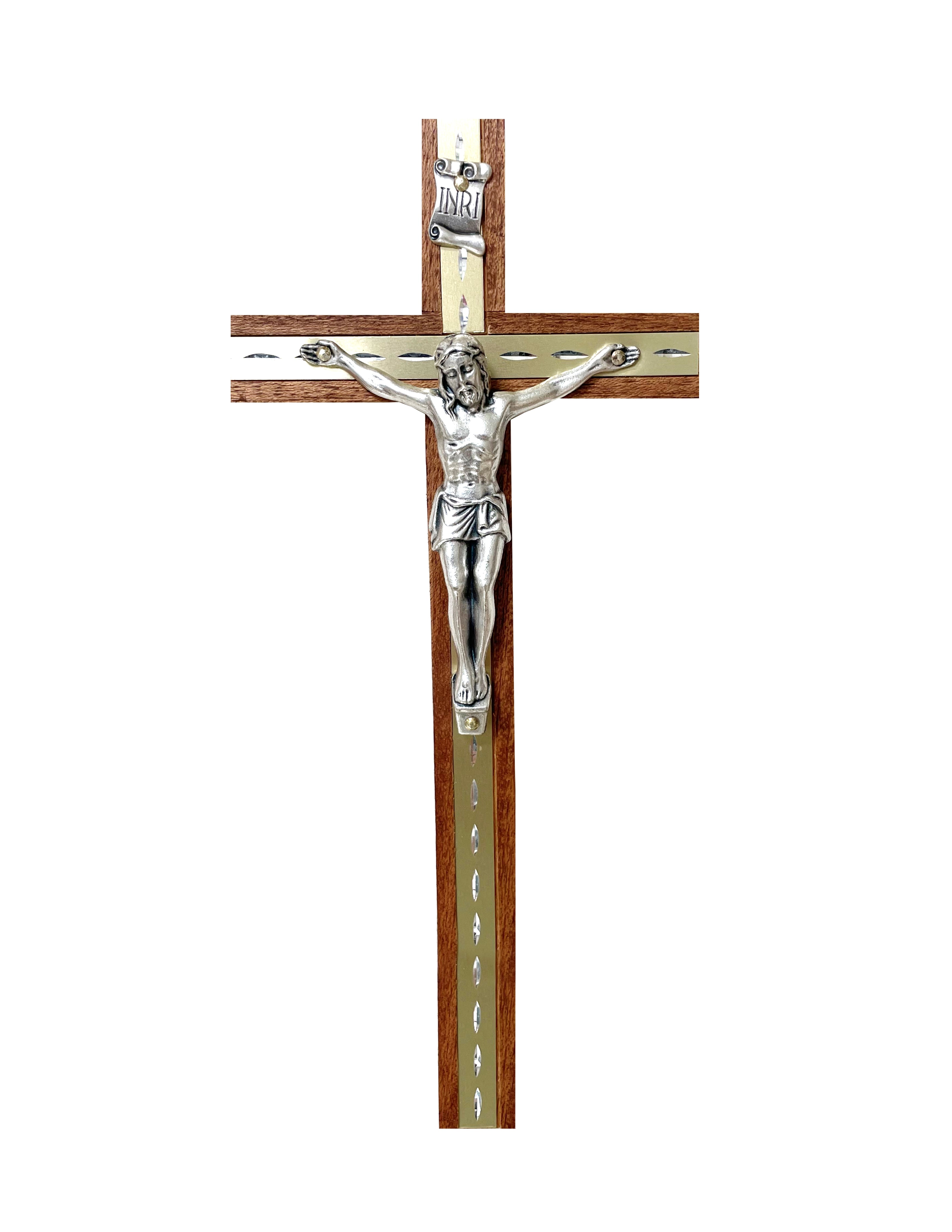 Wooden crucifixes with golden line and silver metal body with standing base and for wall