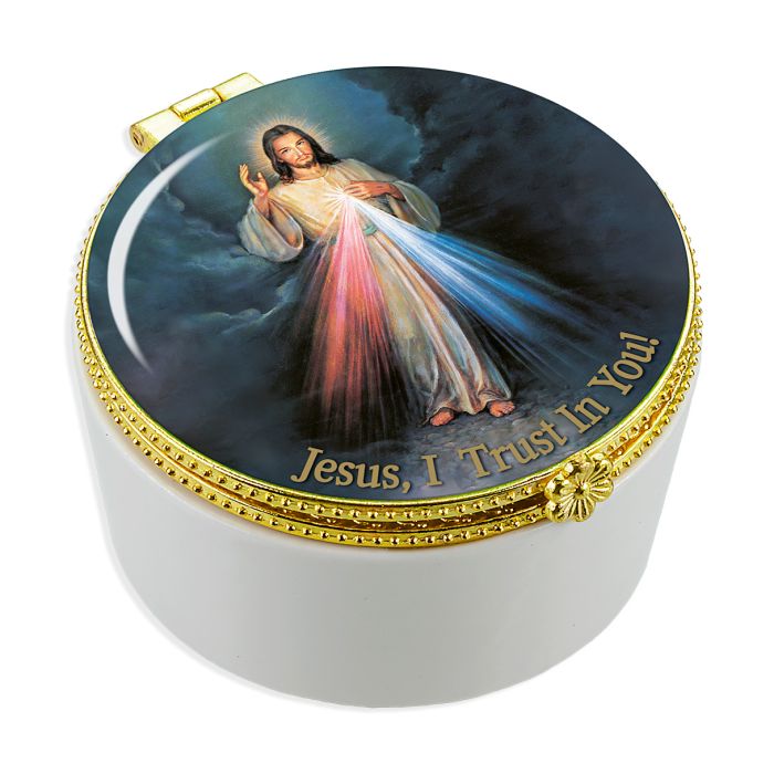 Caja de rosario de porcelana con tapa de cristal de la Divina Misericordia