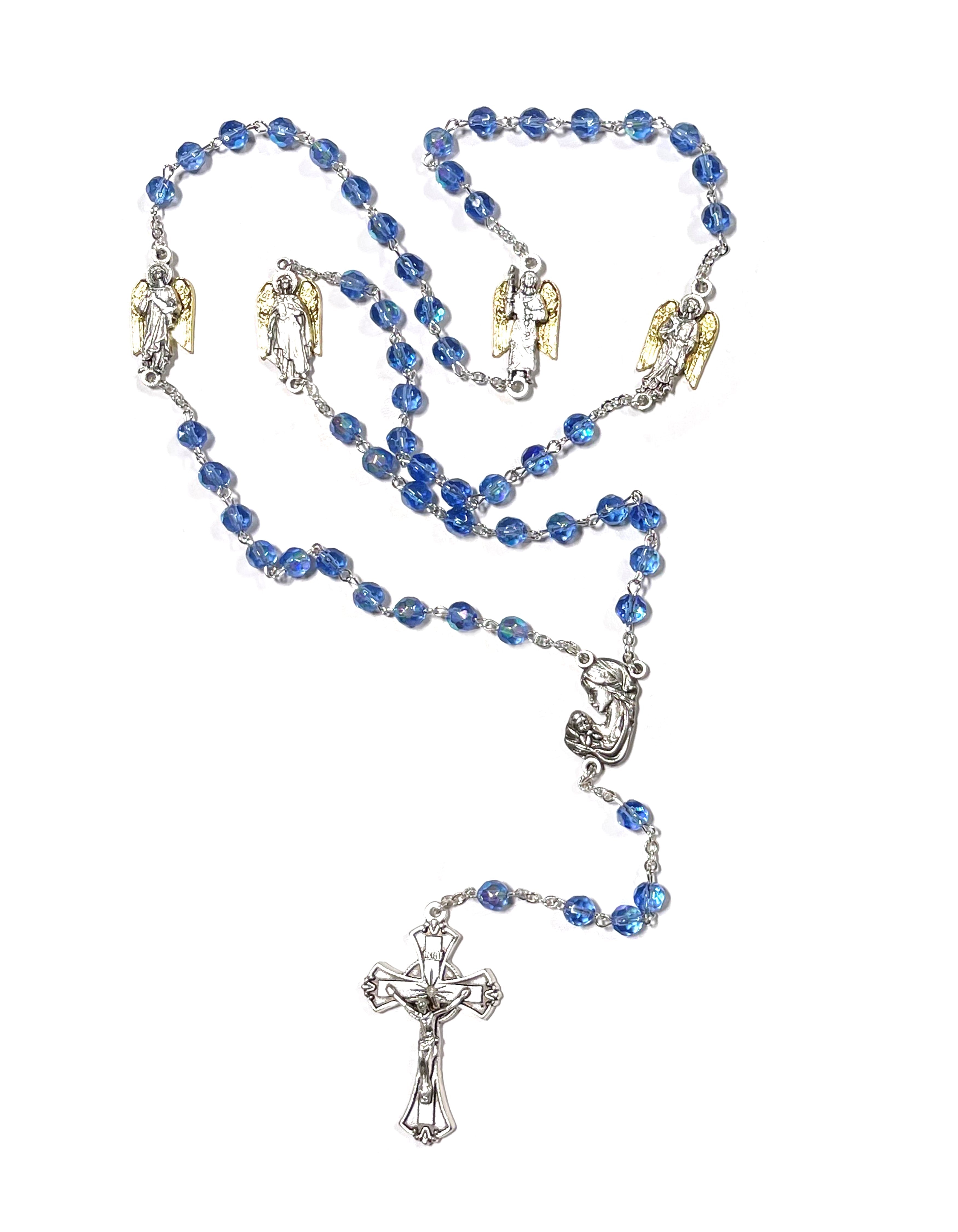 Rosario de cristal azul con medallas de los tres Arcángeles y el Ángel de la Guarda