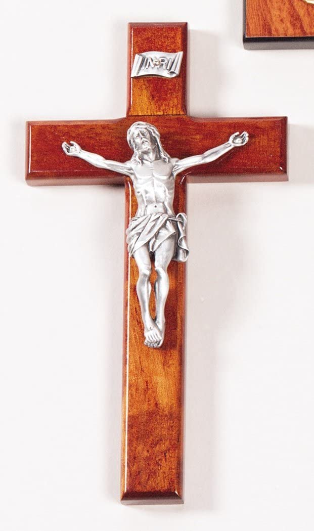 Crucifijo en forma de cruz de madera de cerezo con acabado antiguo, cuerpo de Cristo en peltre, 8 pulgadas 