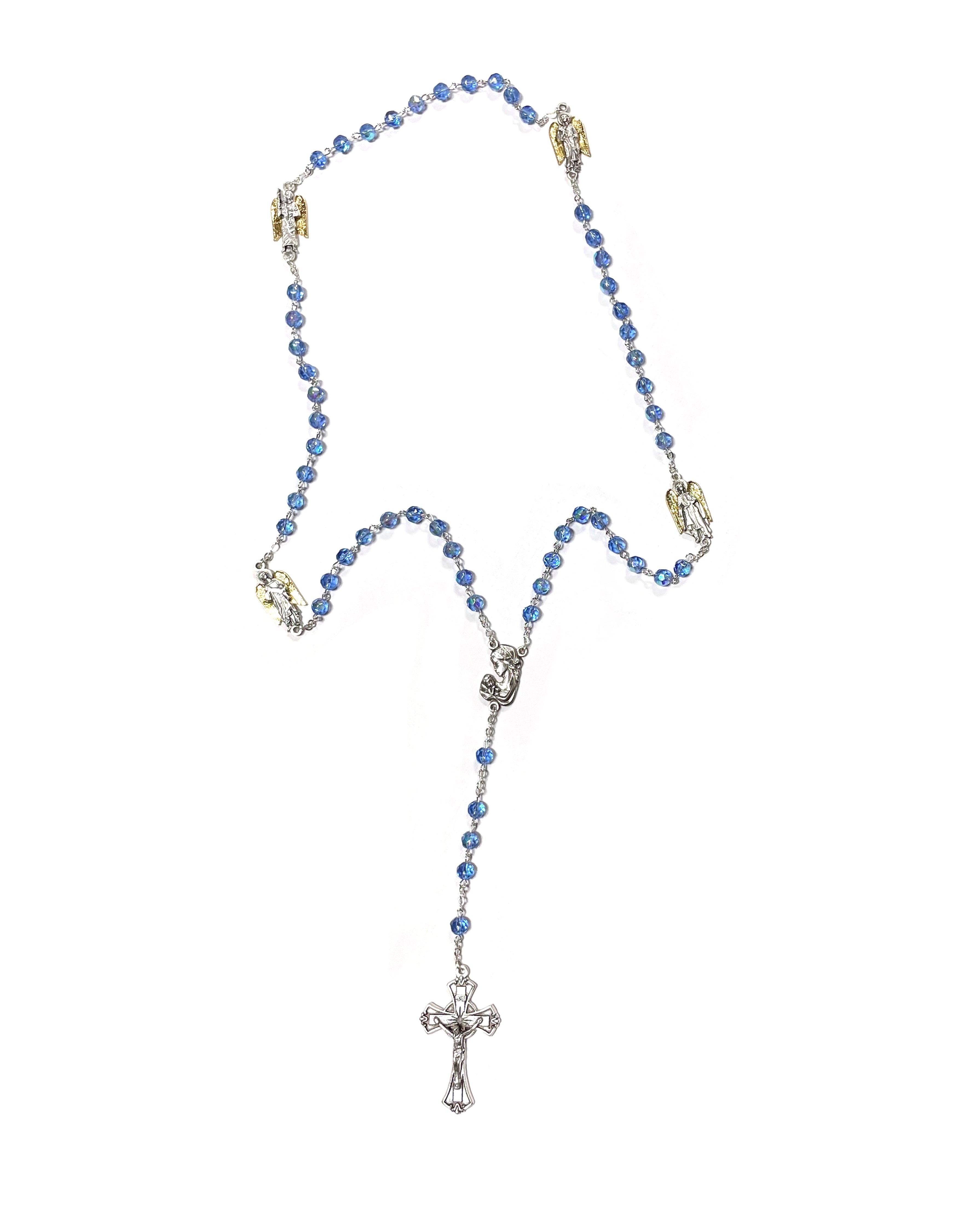 Rosario de cristal azul con medallas de los tres Arcángeles y el Ángel de la Guarda
