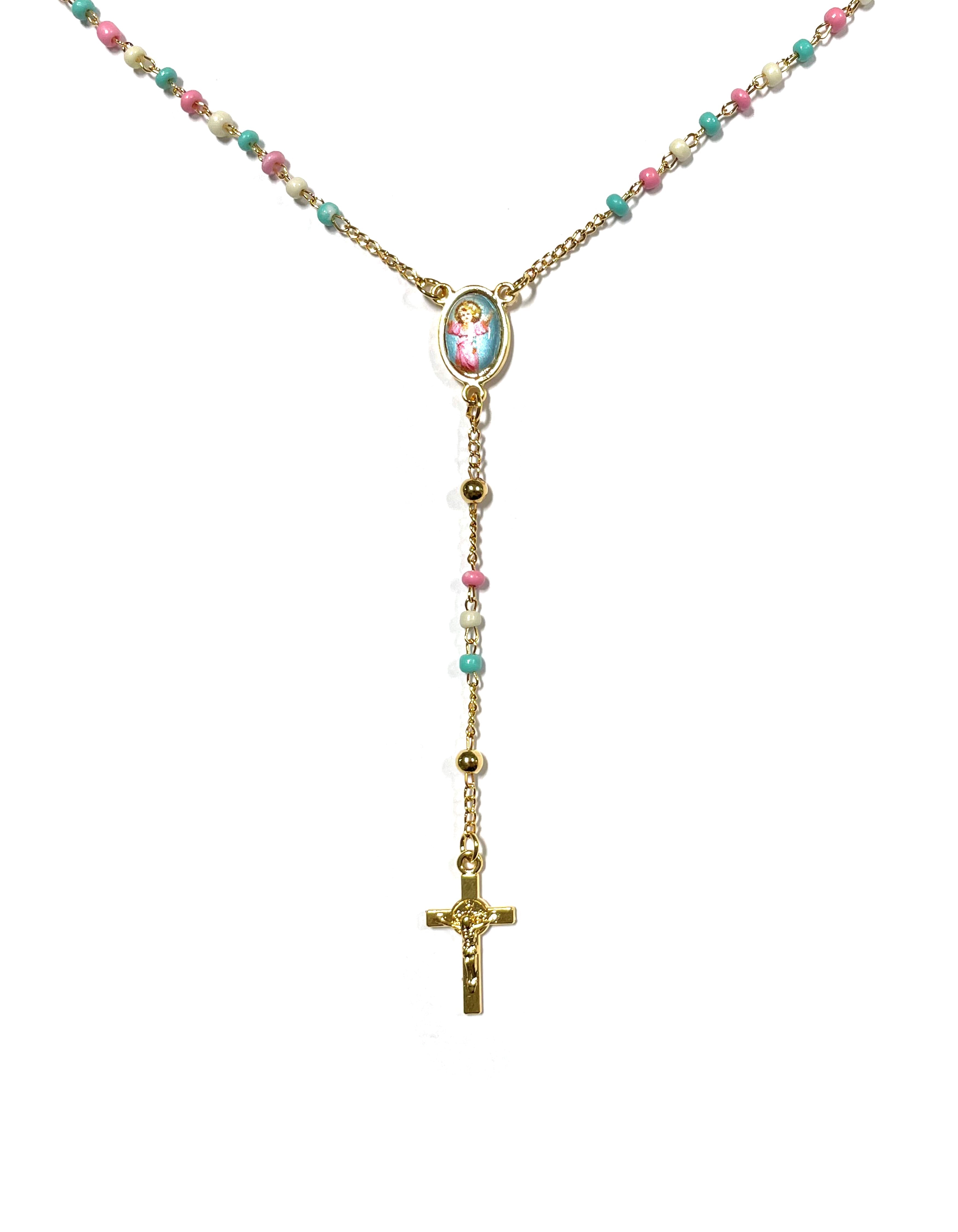 Golden rosary with chain-style colored beads