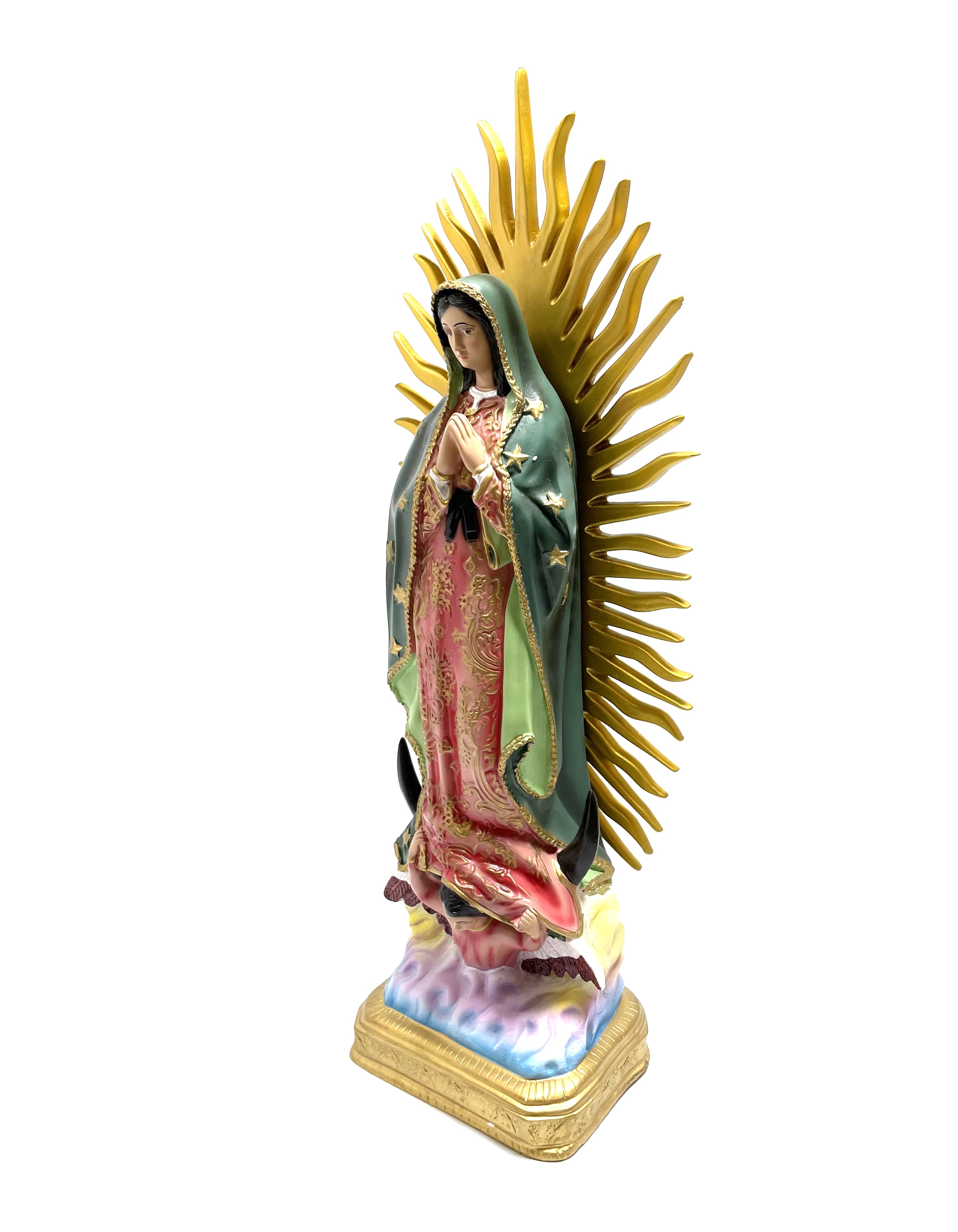 Estatua religiosa de Nuestra Señora de Guadalupe de 23" de altura con rayos dorados