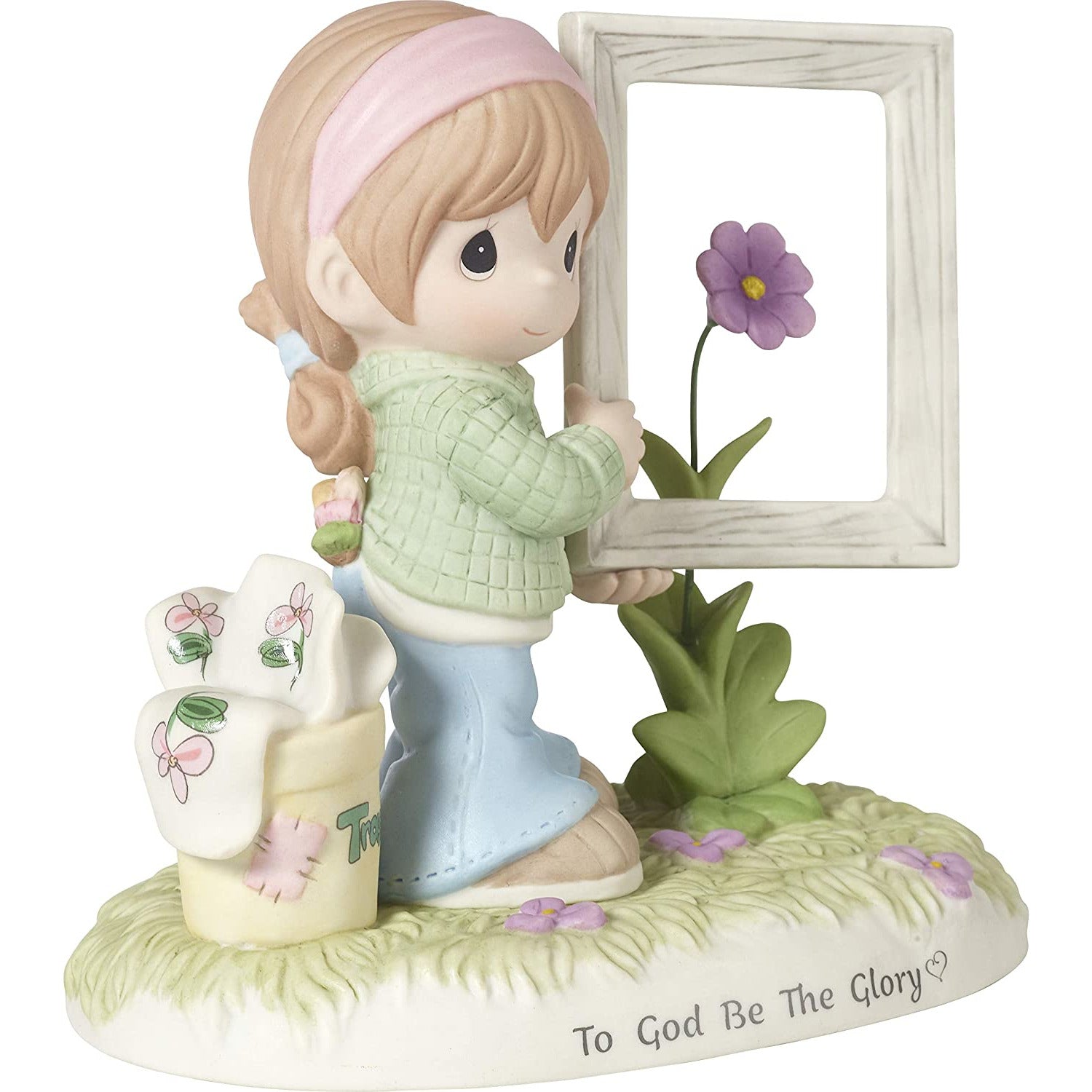 Precious Moments - Figura de porcelana bisque de niña sosteniendo un marco alrededor de una flor 182013 para que Dios sea la gloria, multicolor