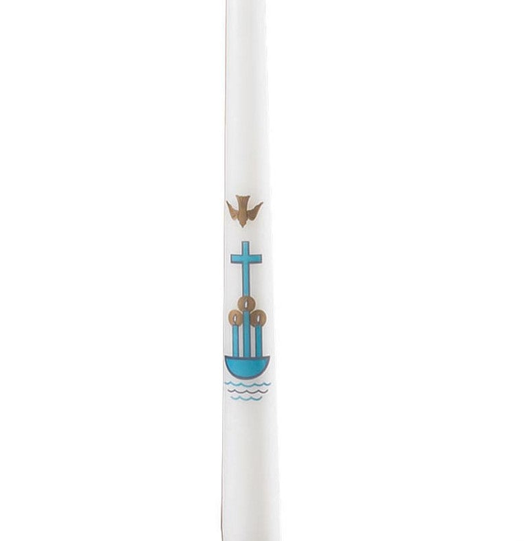 Vela bautismal con cruz y paloma