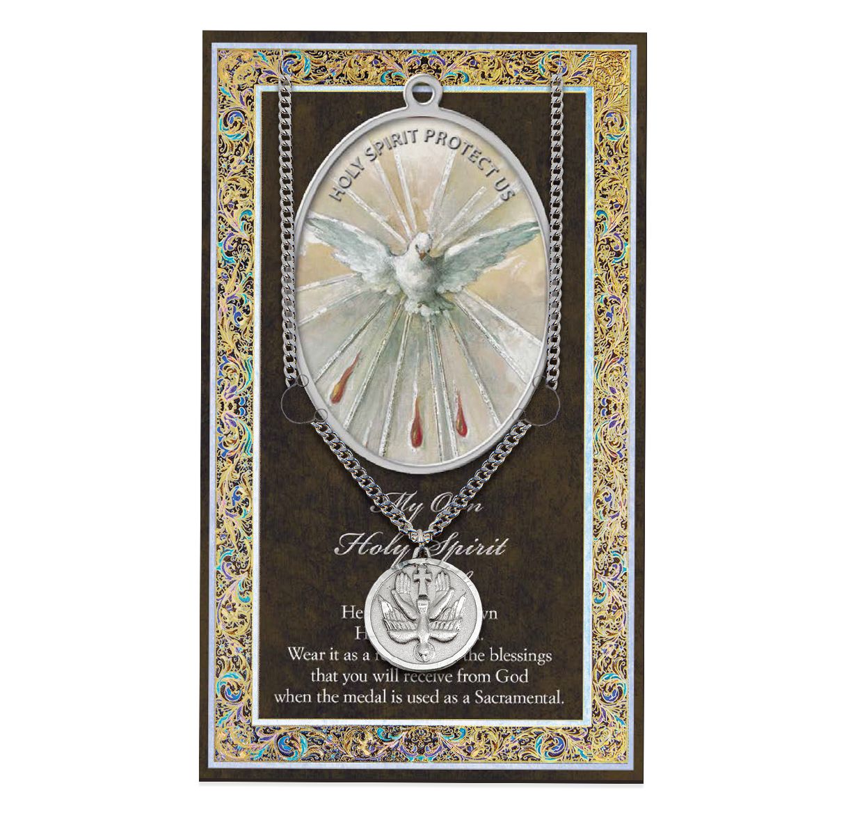Carpeta con imágenes del Espíritu Santo con medalla y cadena