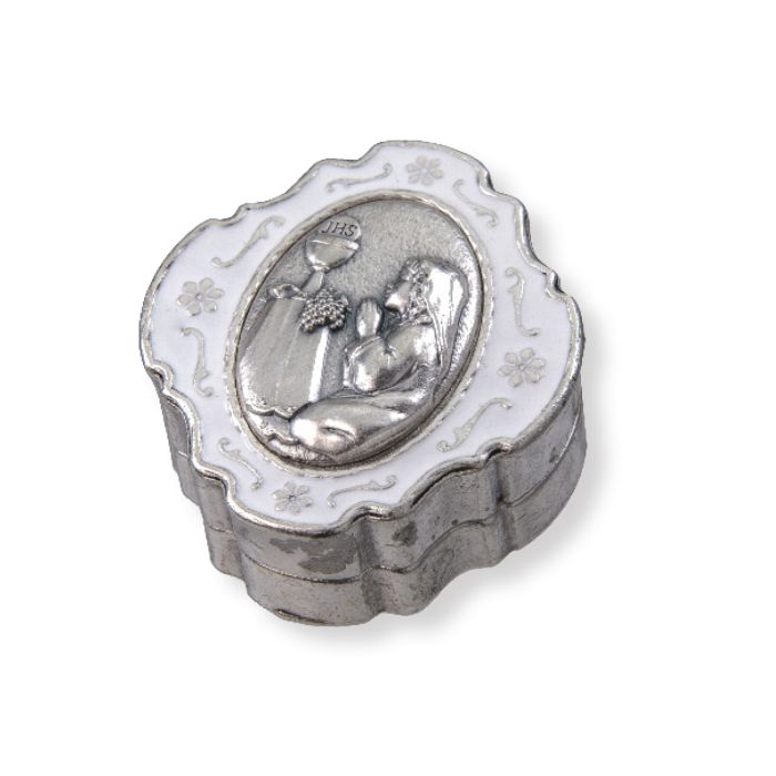 Caja de rosario de metal epoxi con cáliz de comunión de 2" 