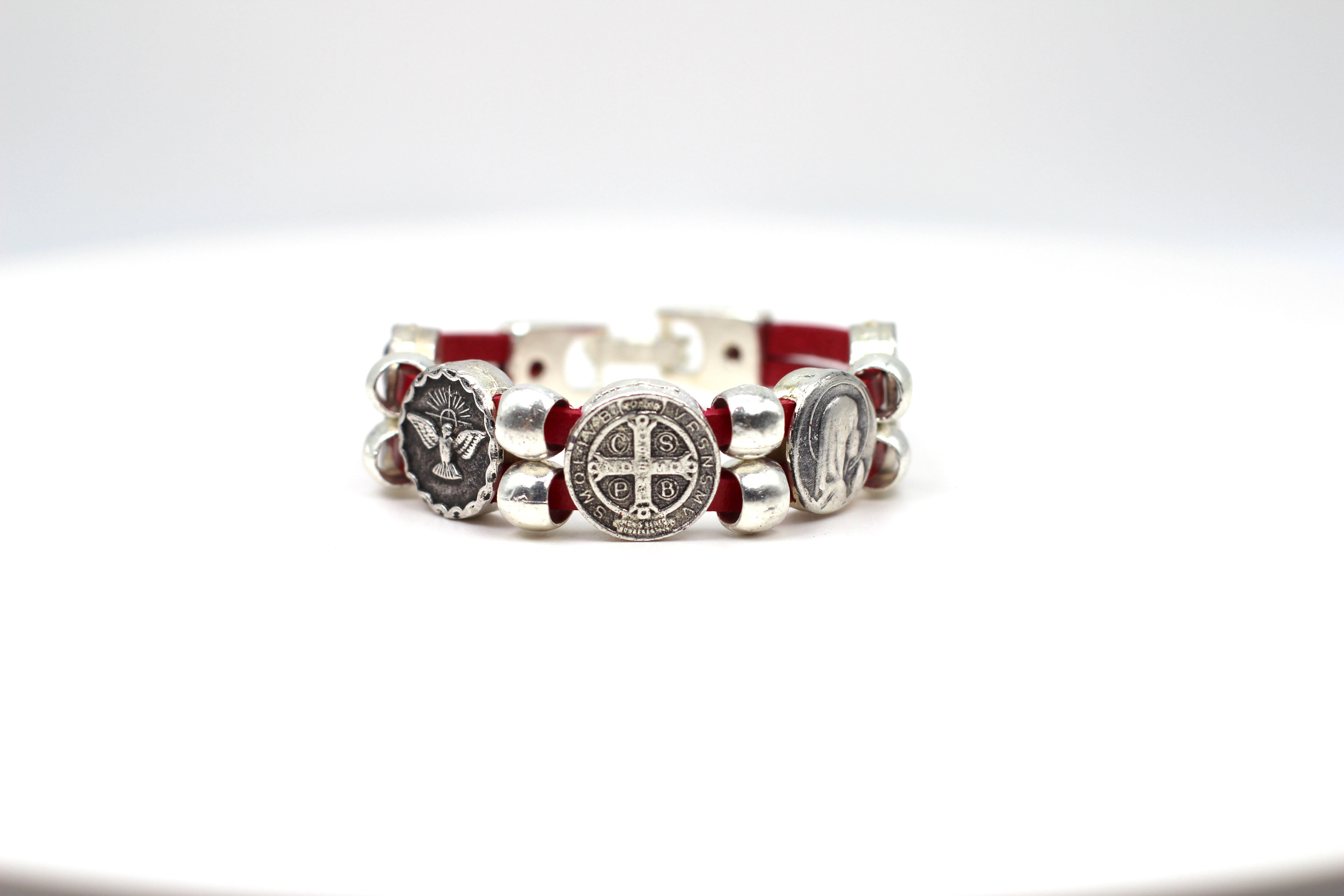 Vintage Bracelet with Double Leather Strap and Medals of The Virgen Mary, St. Benedict, Sacred Heart of Jesus, Guardian Angel, and Holy Spirit  handmade jewelry by Graciela's Collection