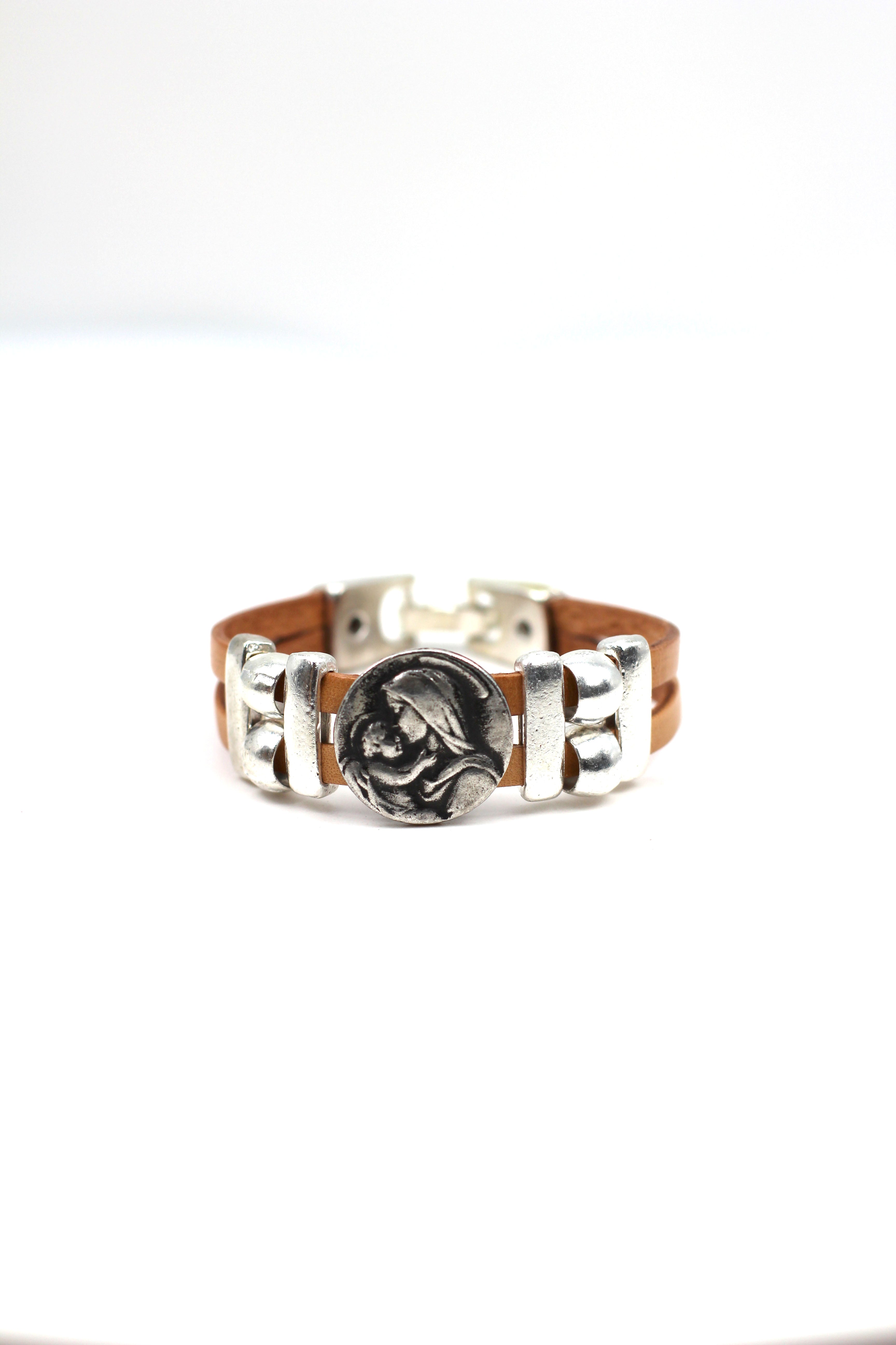 Bracelet of  The Madonna and Child Jesus bracelet handmade jewelry with Double Leather Straps by Graciela's Collection