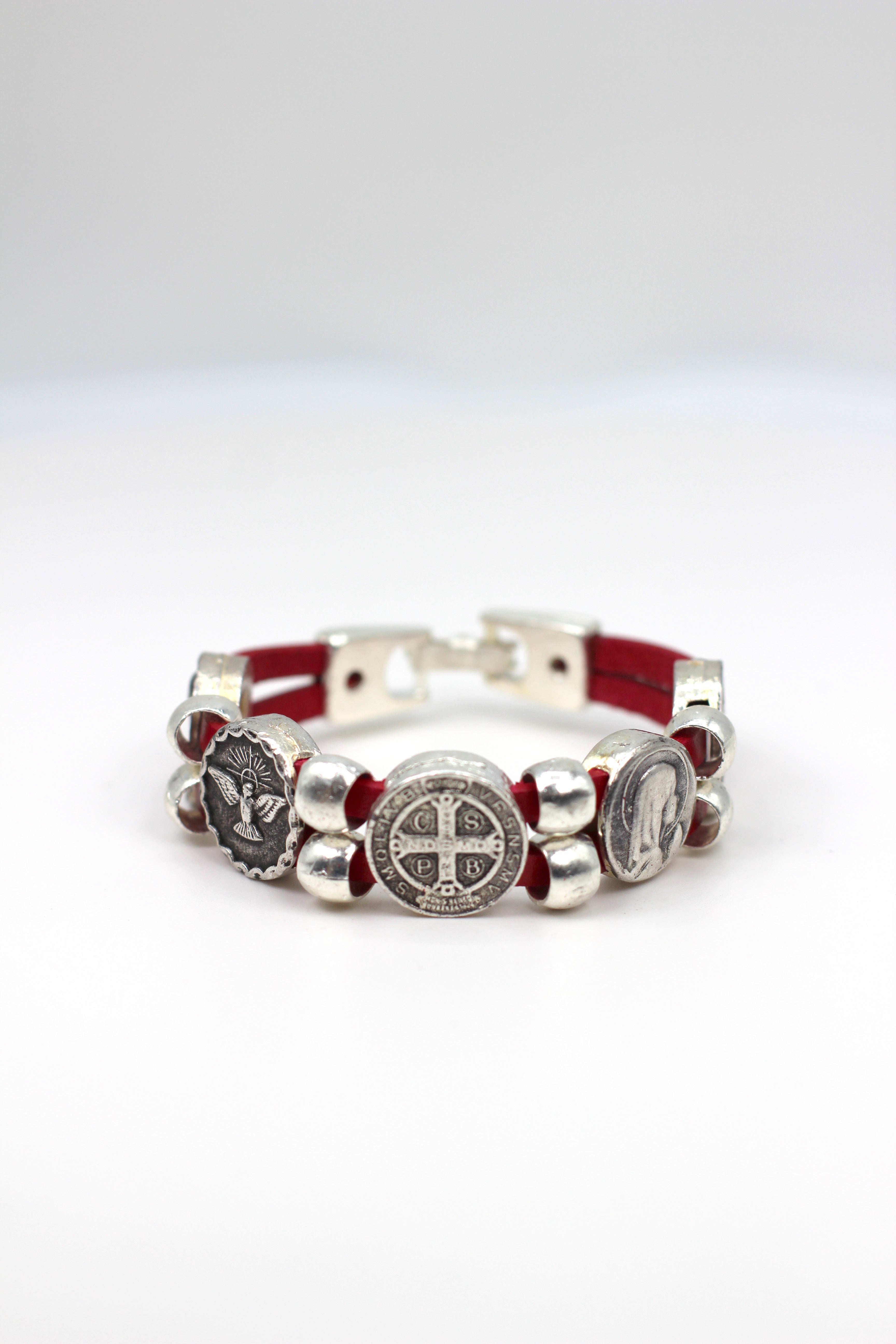 Vintage Bracelet with Double Leather Strap and Medals of The Virgen Mary, St. Benedict, Sacred Heart of Jesus, Guardian Angel, and Holy Spirit  handmade jewelry by Graciela's Collection