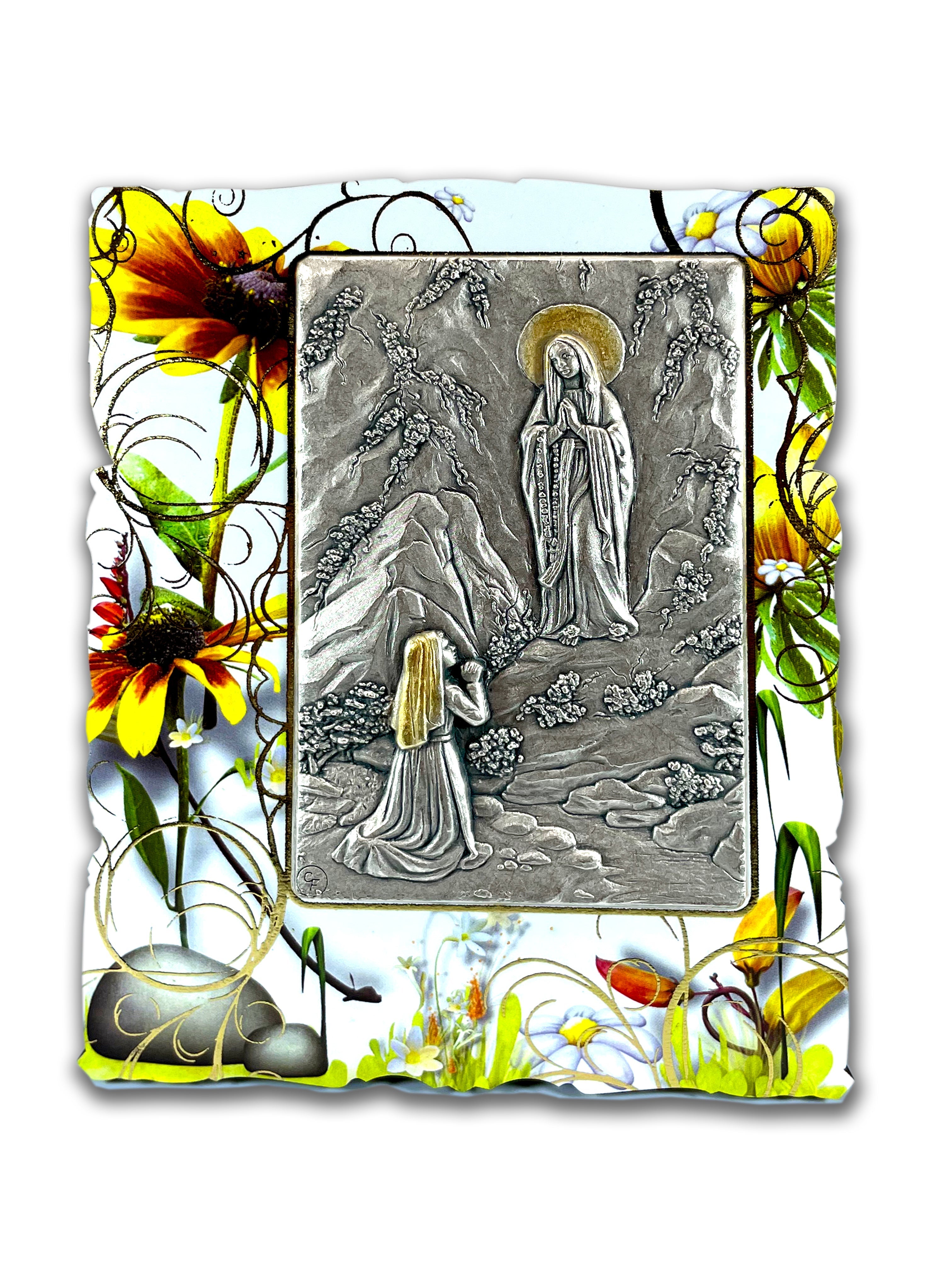 Imagen enmarcada sobre relieve de Nuestra Señora de Lourdes