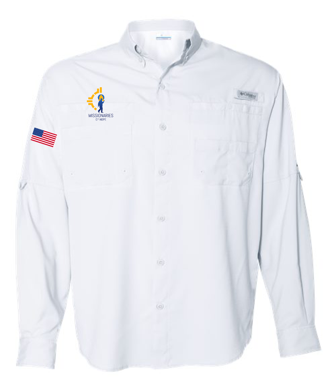 Camiseta de manga larga Columbia Tamiami II – Edición Misioneros de la Esperanza con bandera de EE. UU. en la manga