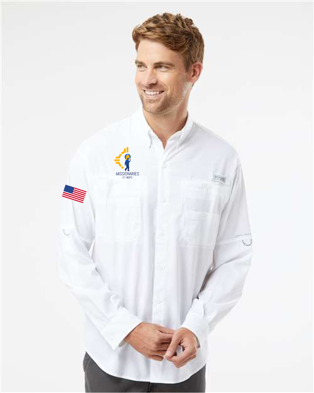 Columbia Tamiami II long sleeve – Missionaries of Hope Edition with U.S. Flag on Sleeve