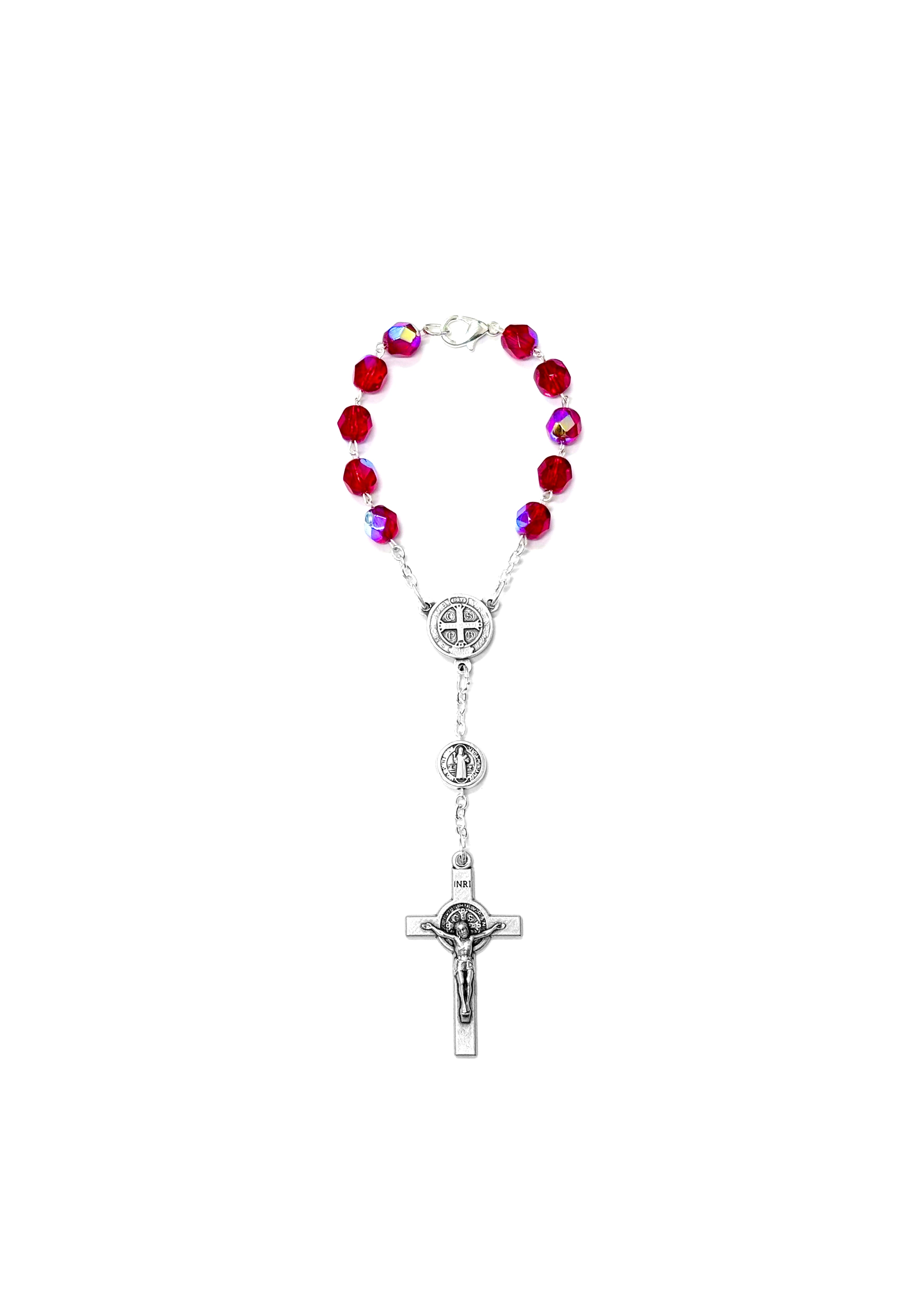 Rosario para coche de cristal rojo con medalla y cruz de San Benito