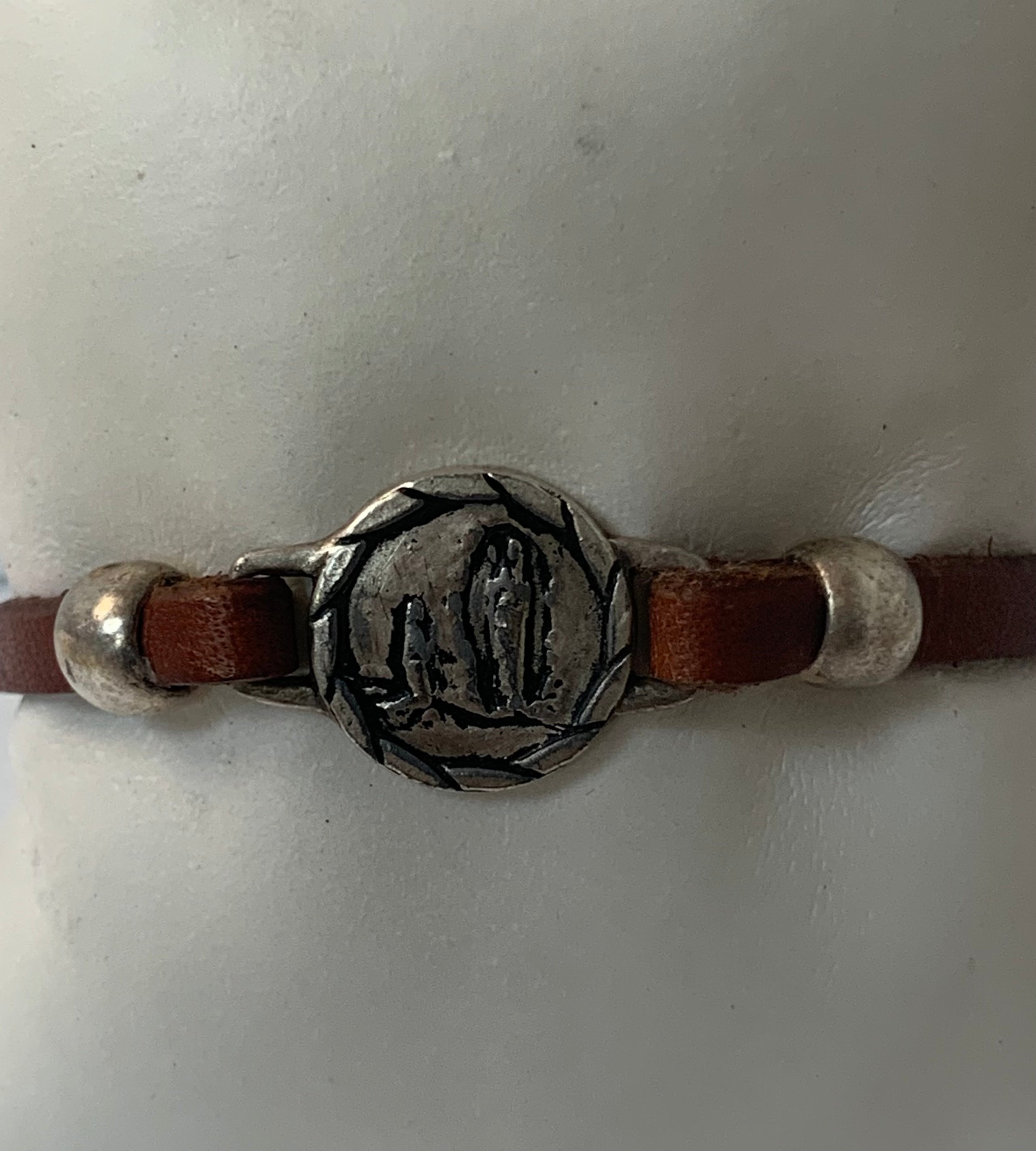 Bracelet of Our Lady of Lourdes handmade jewelry with Leather Straps by Graciela's Collection