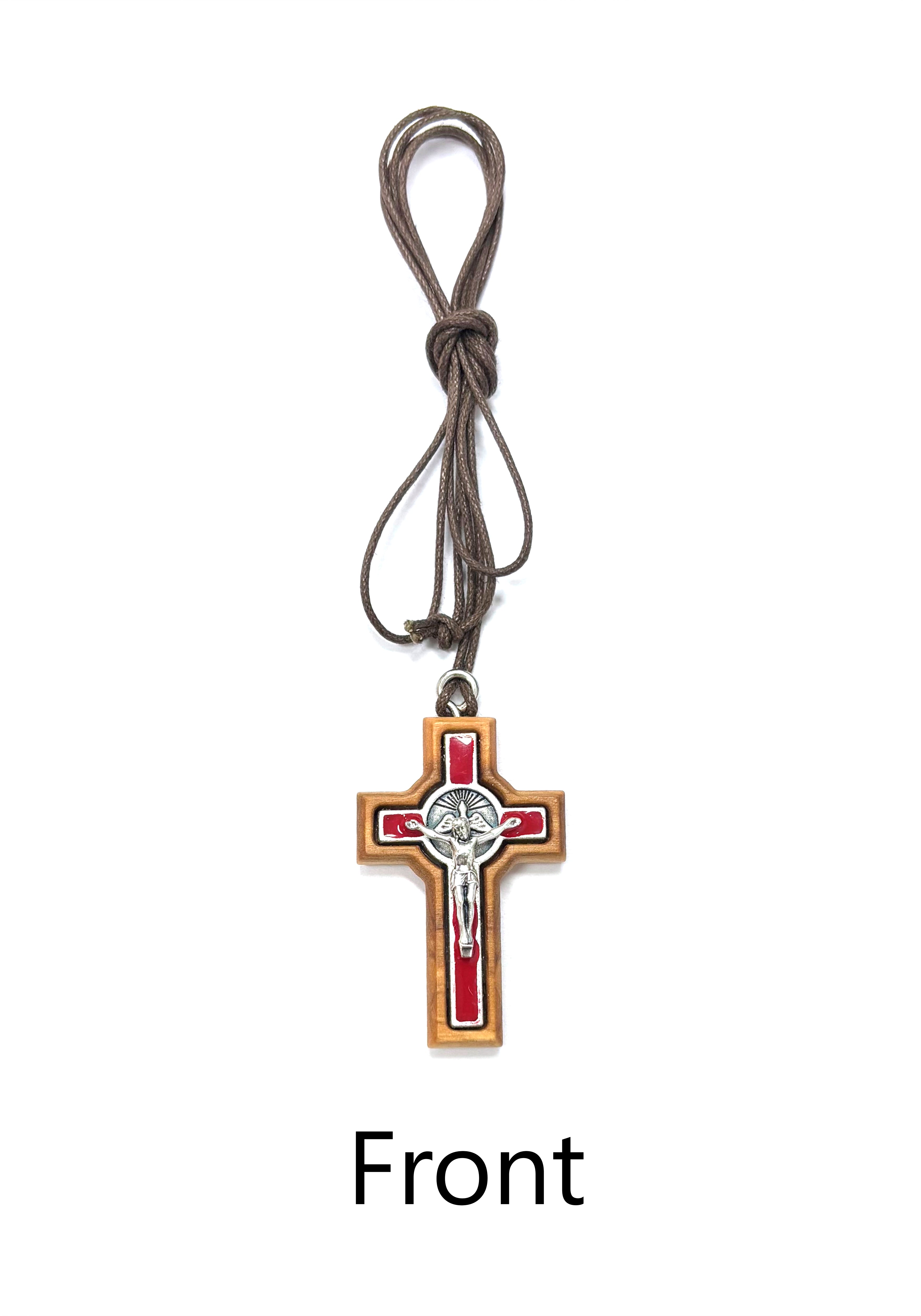 Cruz del Espíritu Santo en madera de olivo y esmalte rojo con cordón marrón