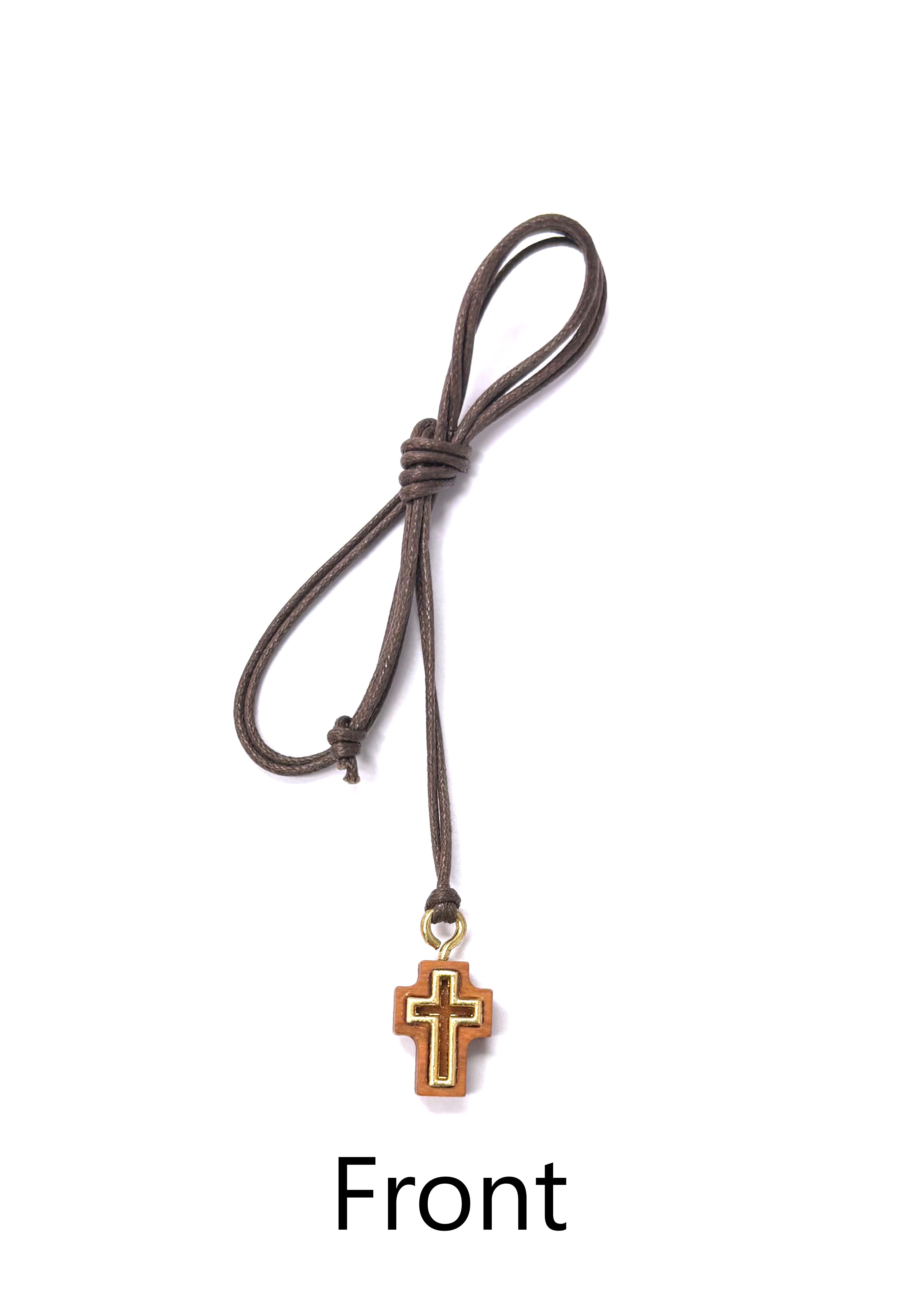 Pequeña cruz de madera de olivo con detalle dorado y cordón marrón
