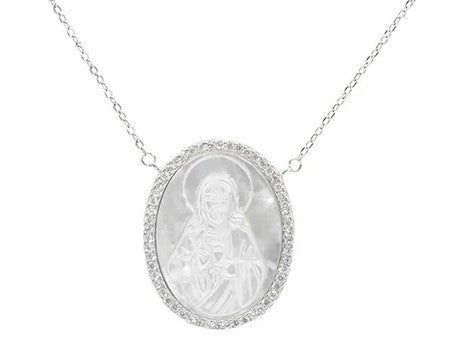 Collar de Plata de Ley 925 Medalla Sagrado Corazón de Jesús con cristales
