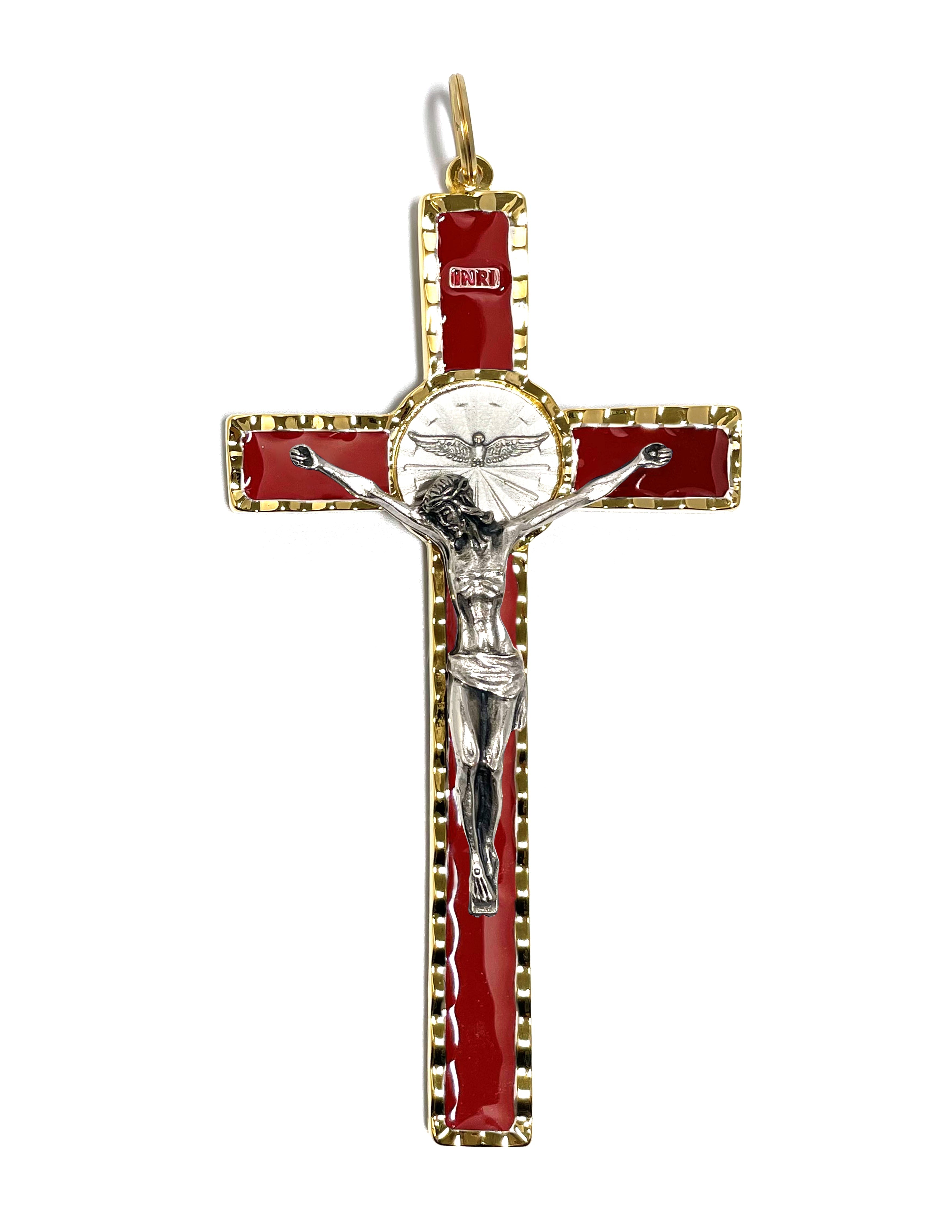 Crucifijo del Espíritu Santo con colores esmaltados y tono dorado y plateado