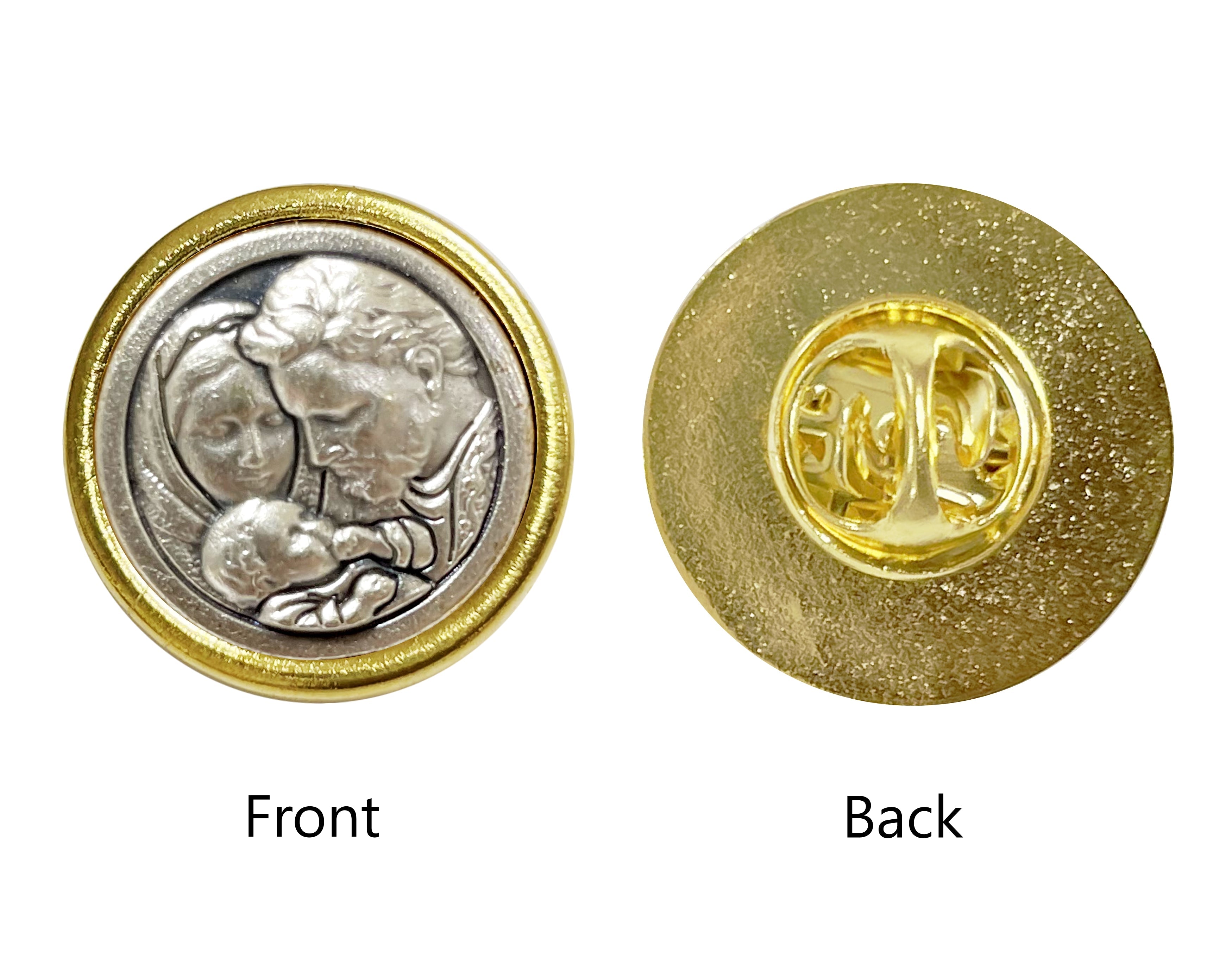 Pin de solapa redondo con medallas de los santos en plata oxidada y dorada