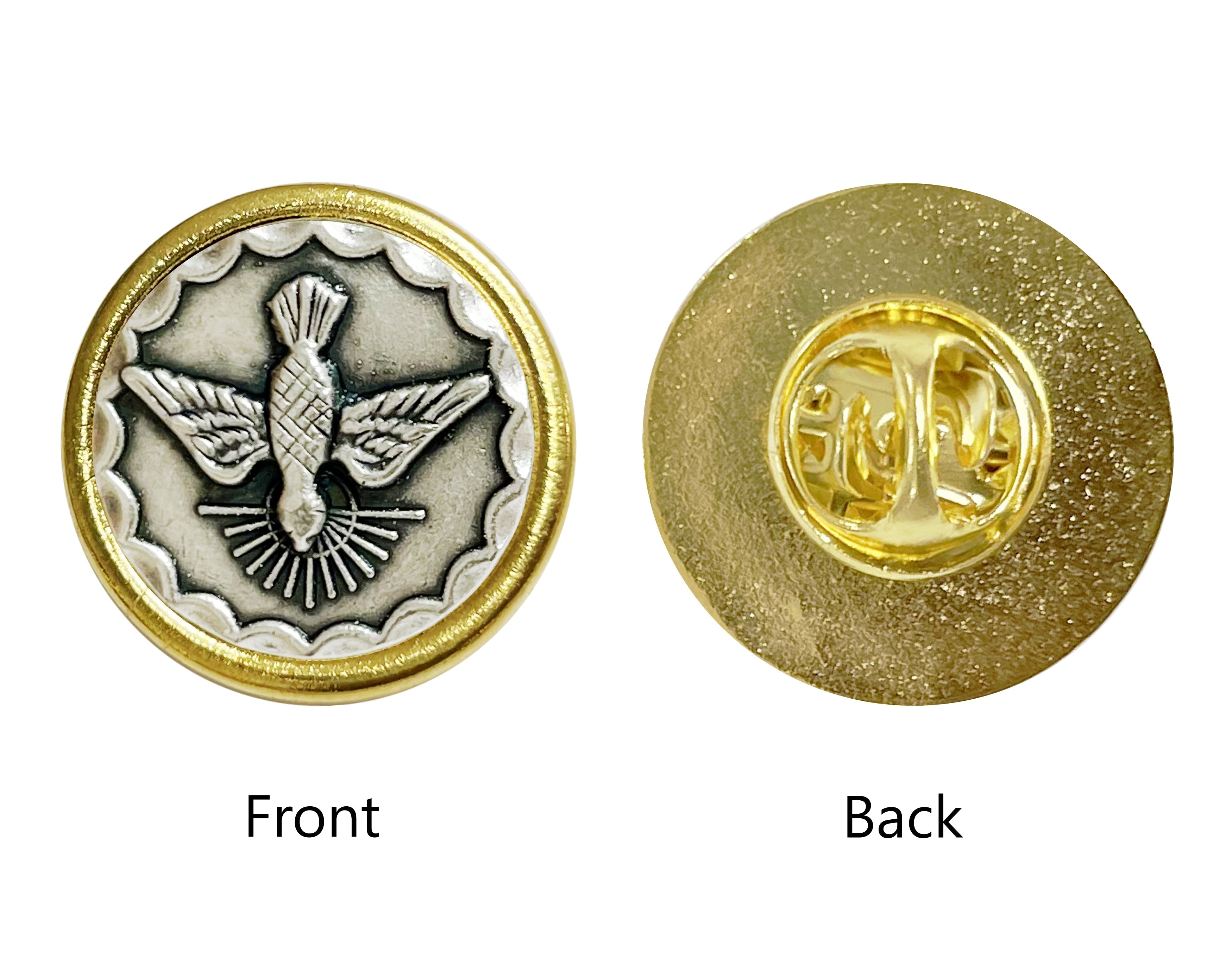 Pin de solapa redondo con medallas de los santos en plata oxidada y dorada